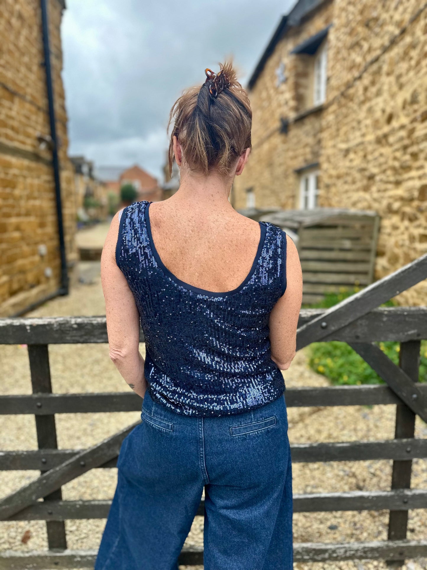 Carla Ruiz Tops Stardust Sequin Top in Navy Blue
