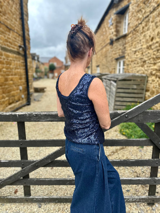 Carla Ruiz Tops Stardust Sequin Top in Navy Blue