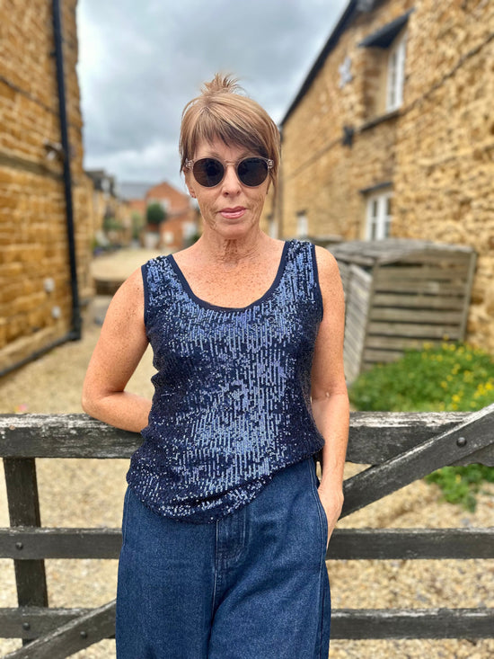 Carla Ruiz Tops Stardust Sequin Top in Navy Blue