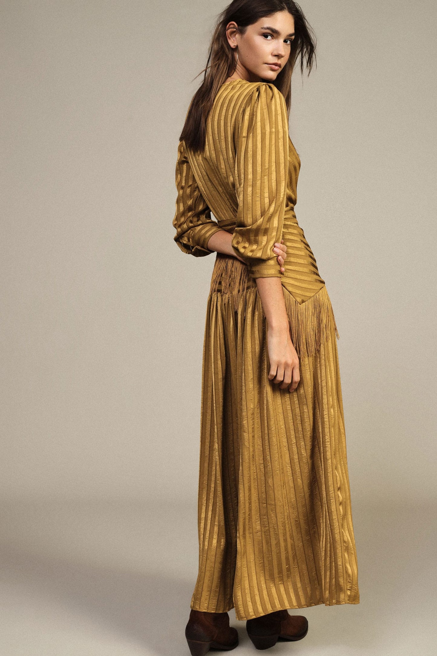 Dixie Dresses Olive Gold Striped Fringe Wrap Maxi Dress