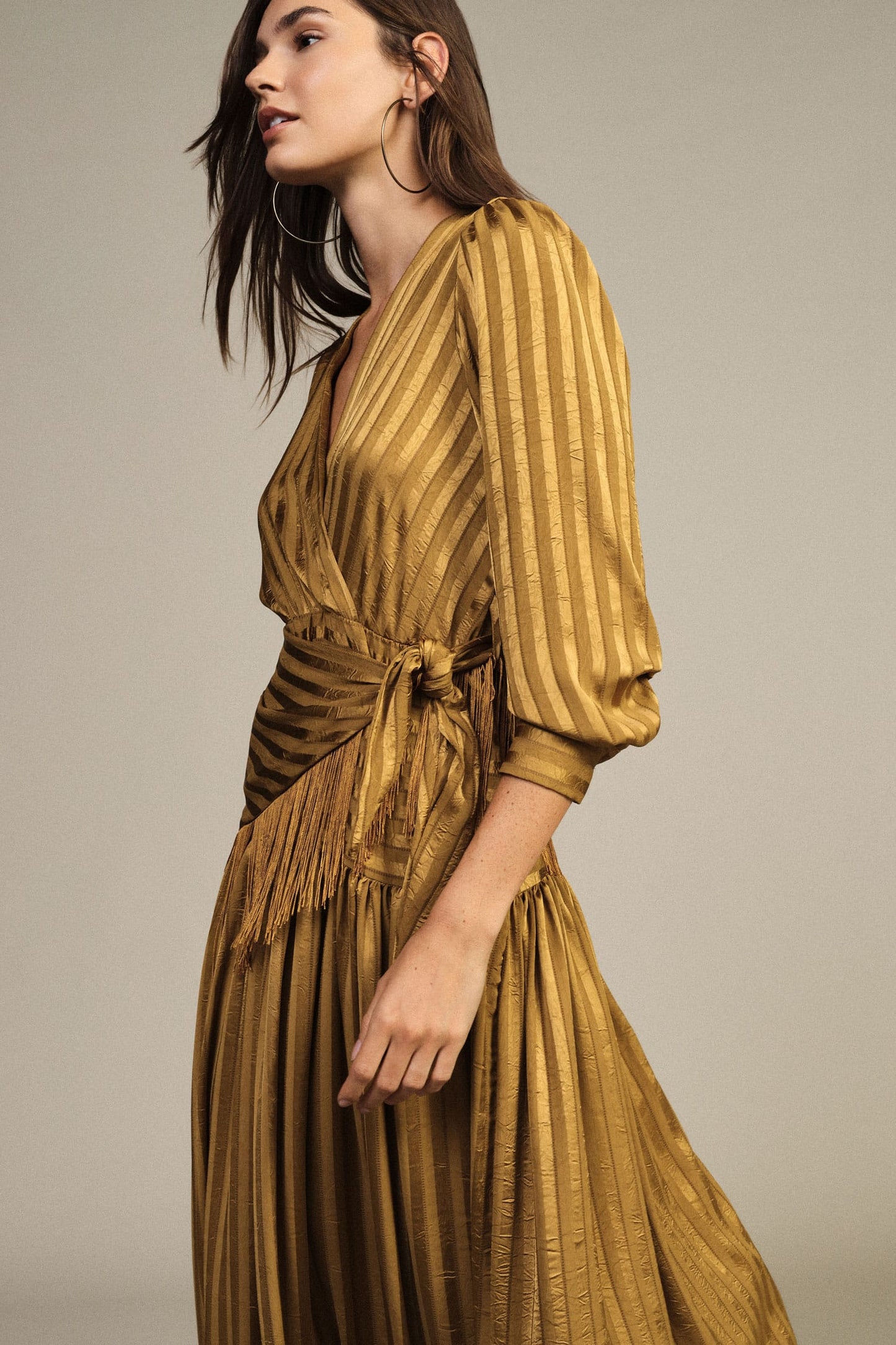 Dixie Dresses Olive Gold Striped Fringe Wrap Maxi Dress