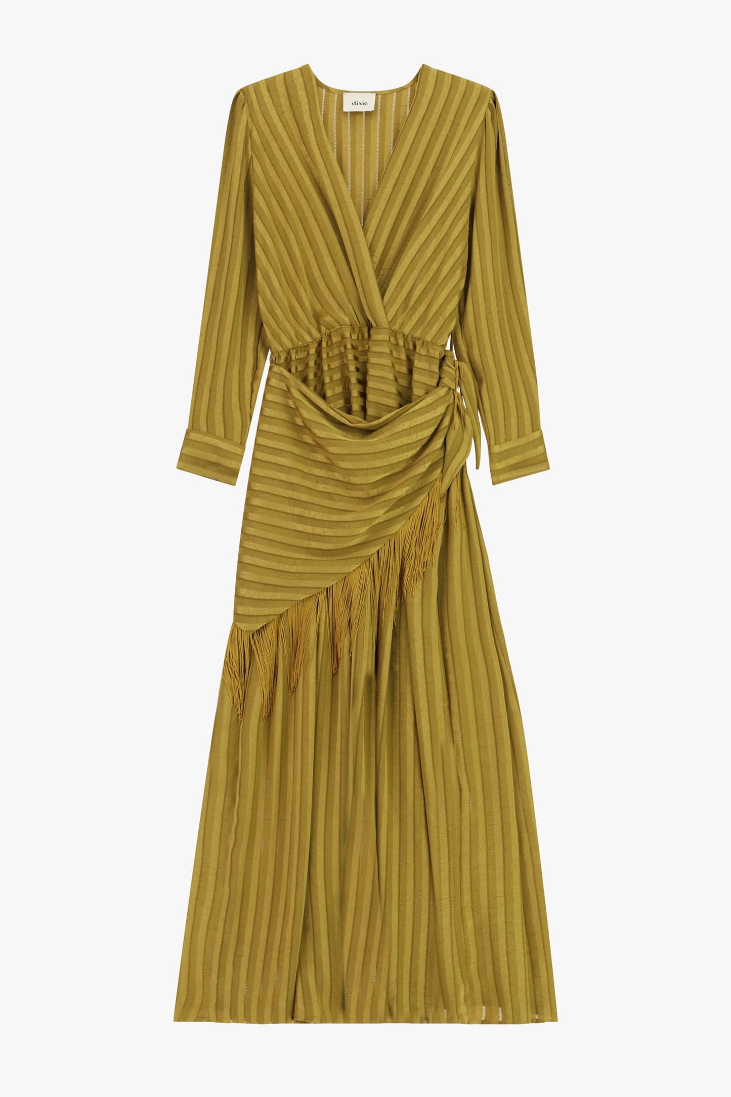 Dixie Dresses Olive Gold Striped Fringe Wrap Maxi Dress