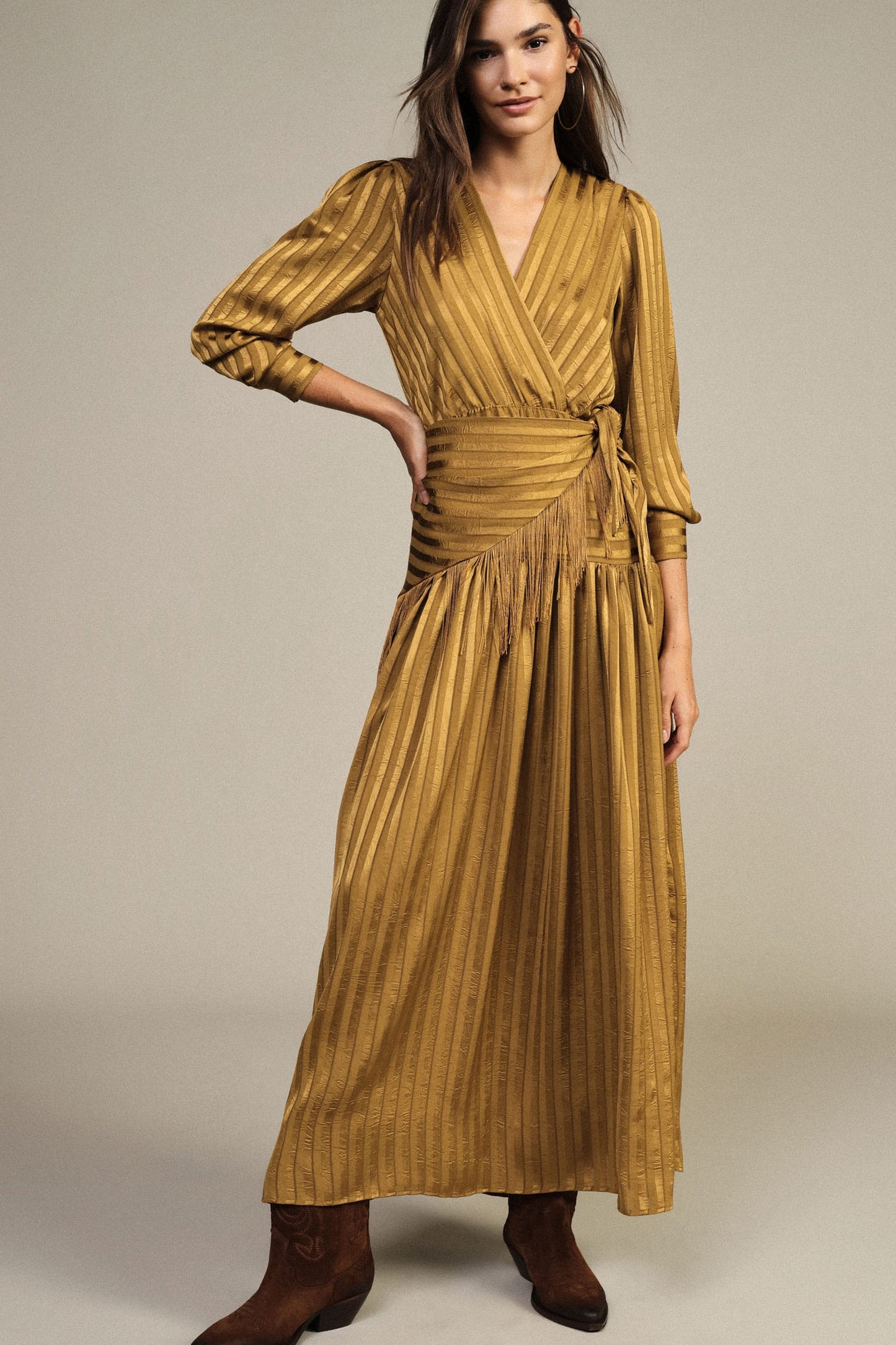 Dixie Dresses Olive Gold Striped Fringe Wrap Maxi Dress