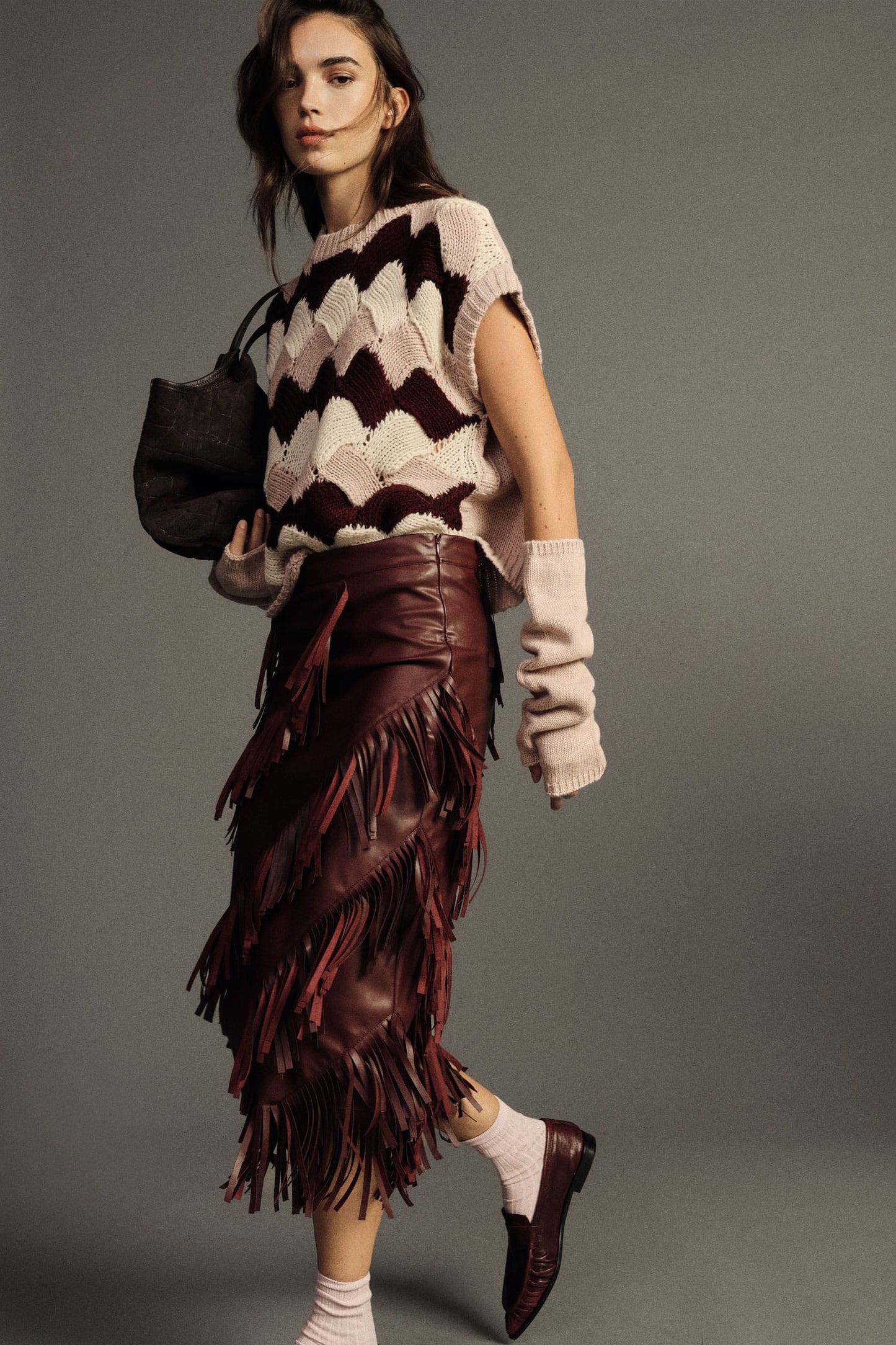 Dixie Skirts Burgundy Diagonal Fringe  Skirt