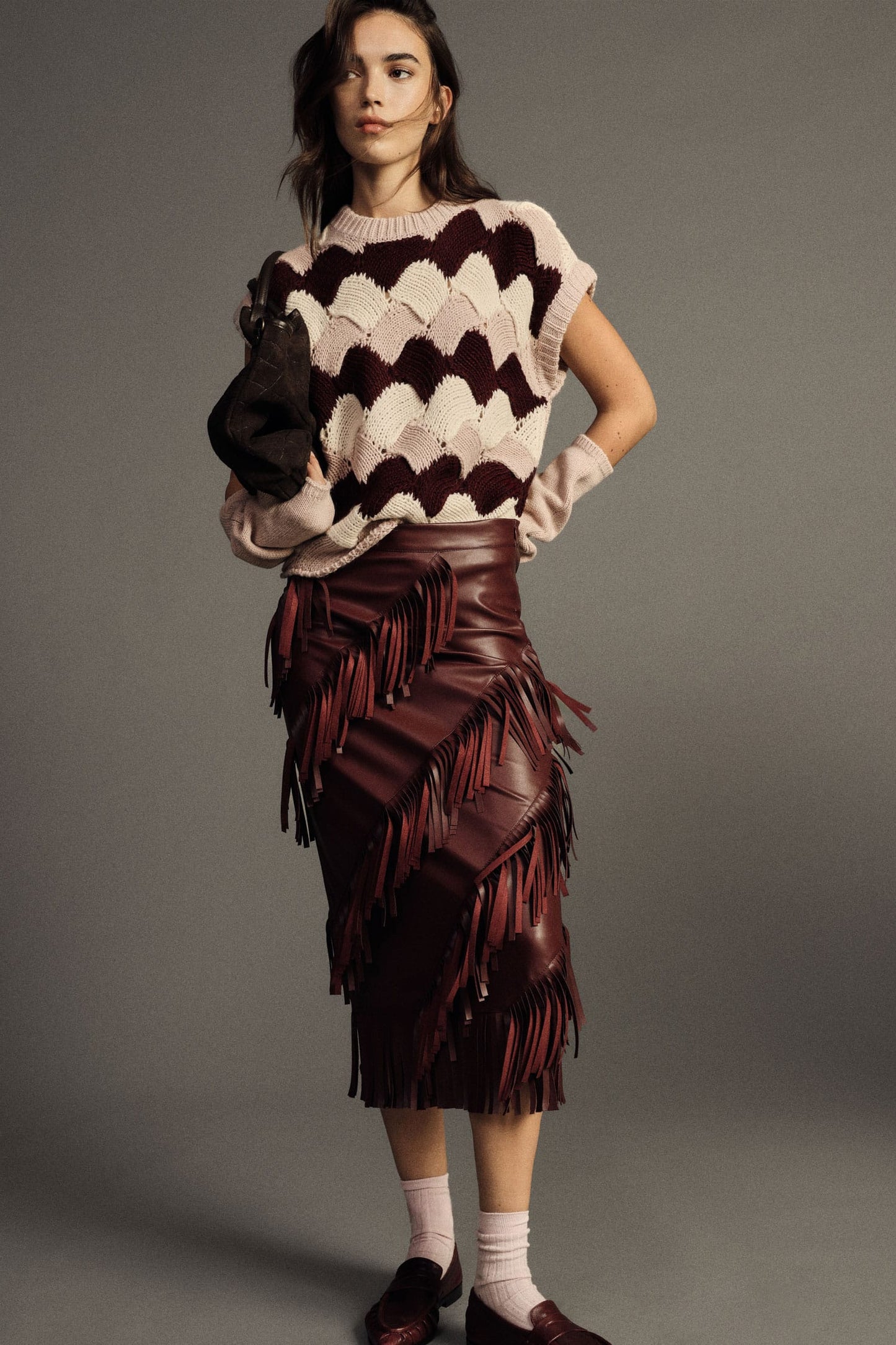 Dixie Skirts Burgundy Diagonal Fringe  Skirt