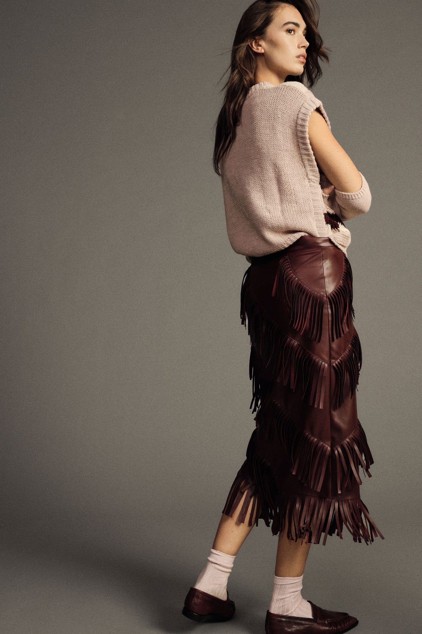Dixie Skirts Burgundy Diagonal Fringe  Skirt