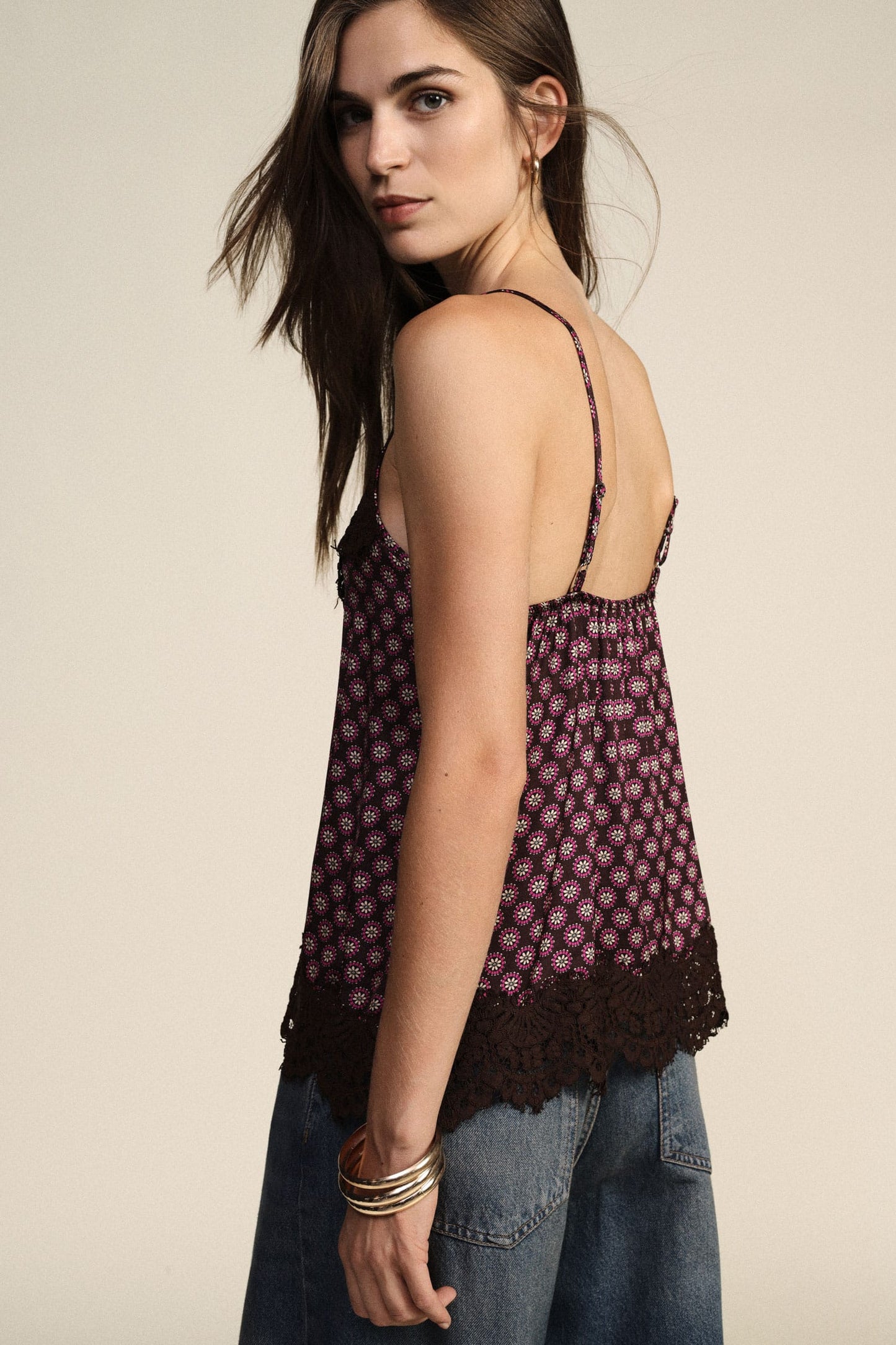 Dixie Tops Mocha Floral Lace-Trim Cami Top