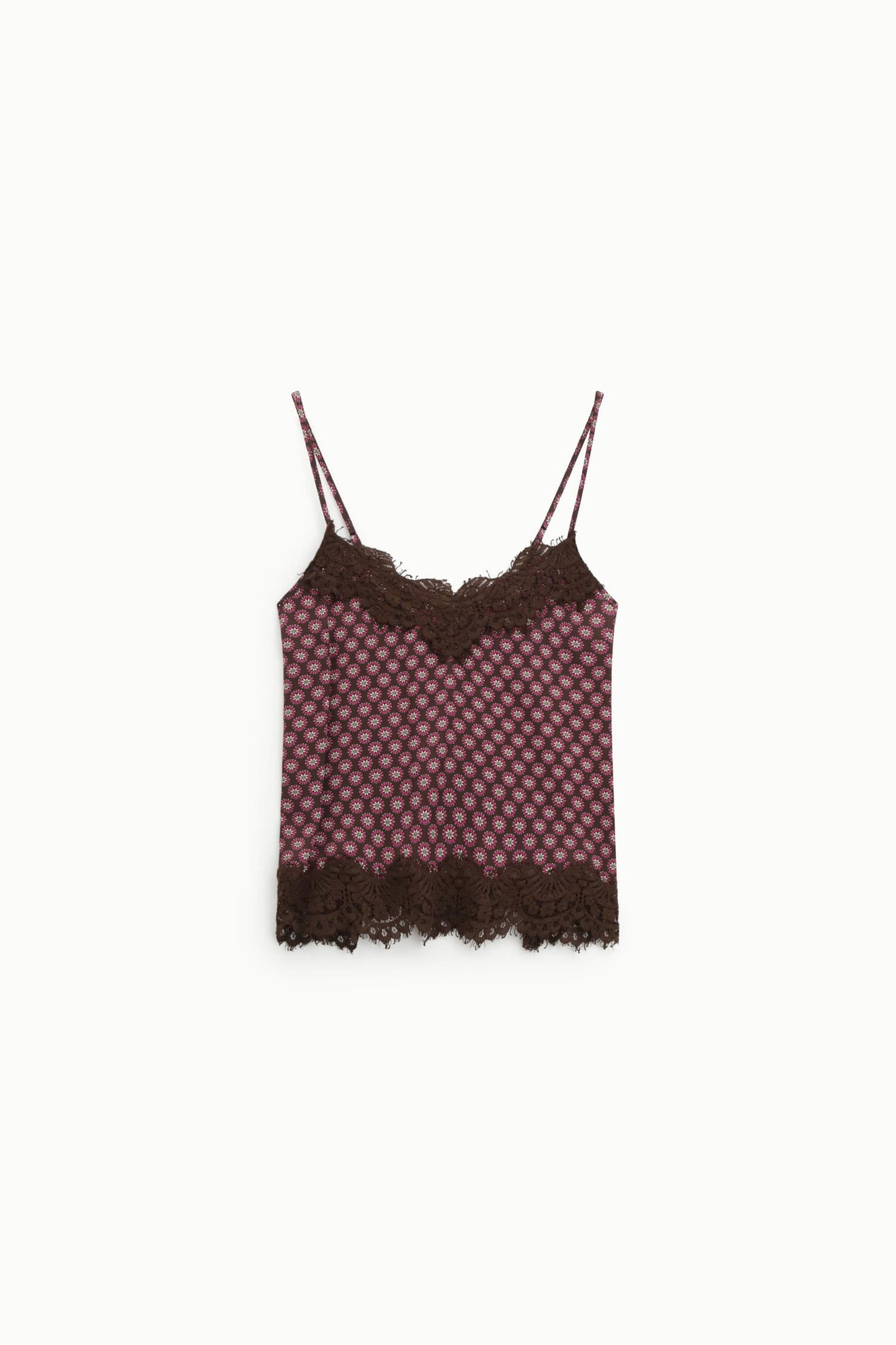Dixie Tops Mocha Floral Lace-Trim Cami Top