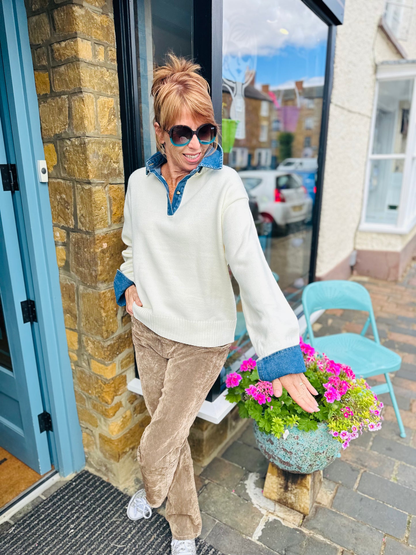 Elan Jumpers Cream Jumper with Denim Collar and Cuffs