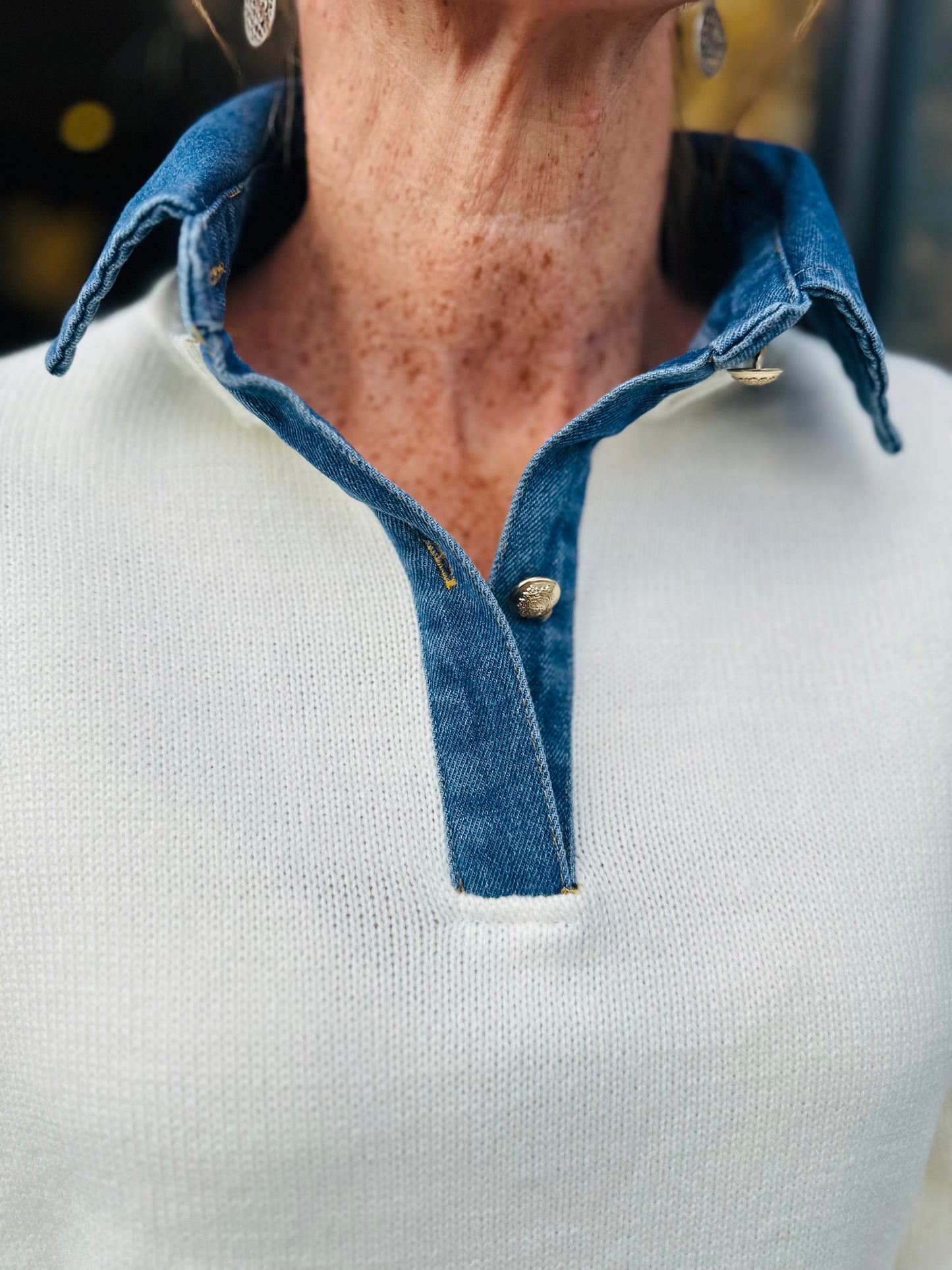 Elan Jumpers Cream Jumper with Denim Collar and Cuffs
