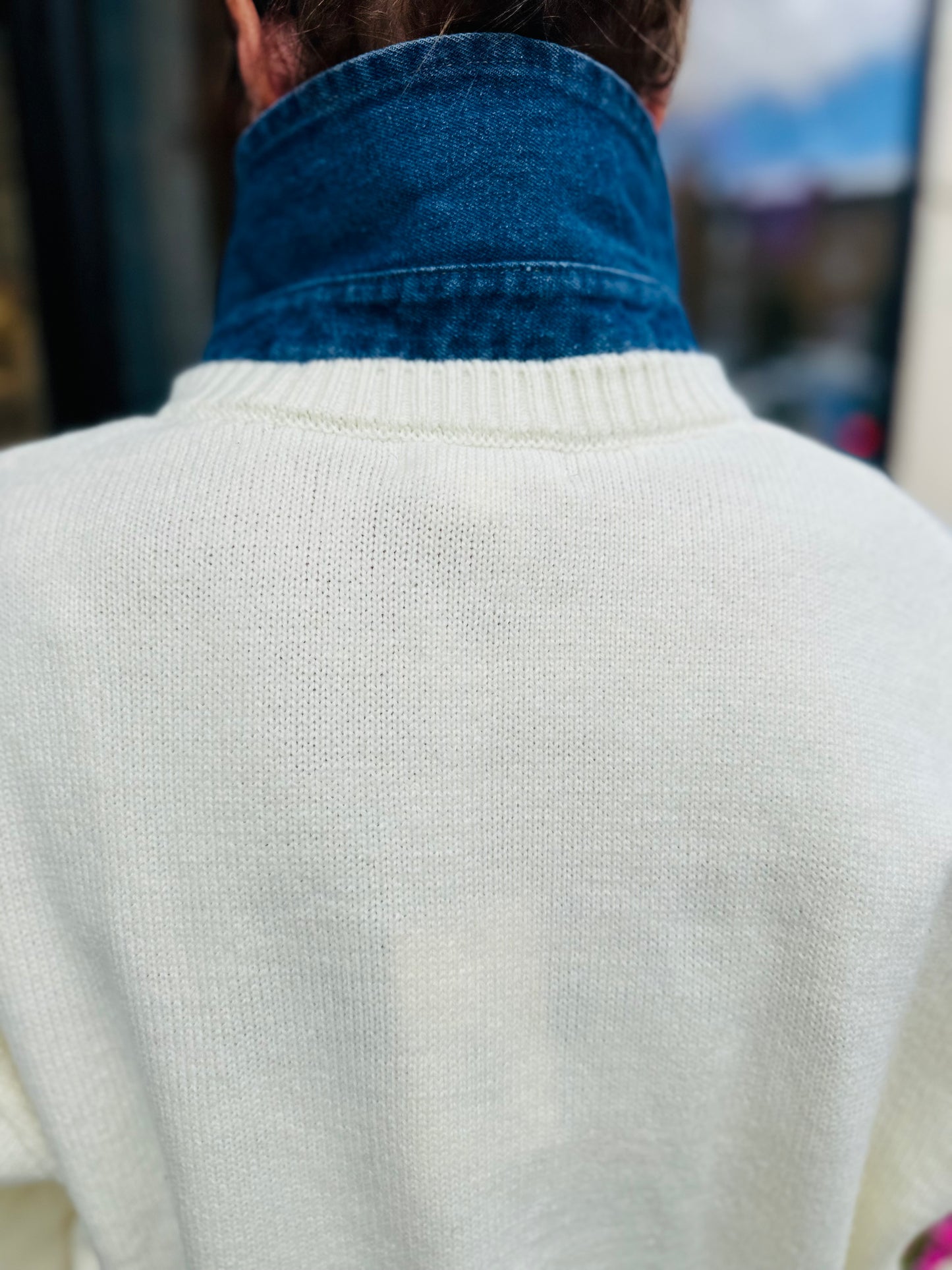 Elan Jumpers Cream Jumper with Denim Collar and Cuffs