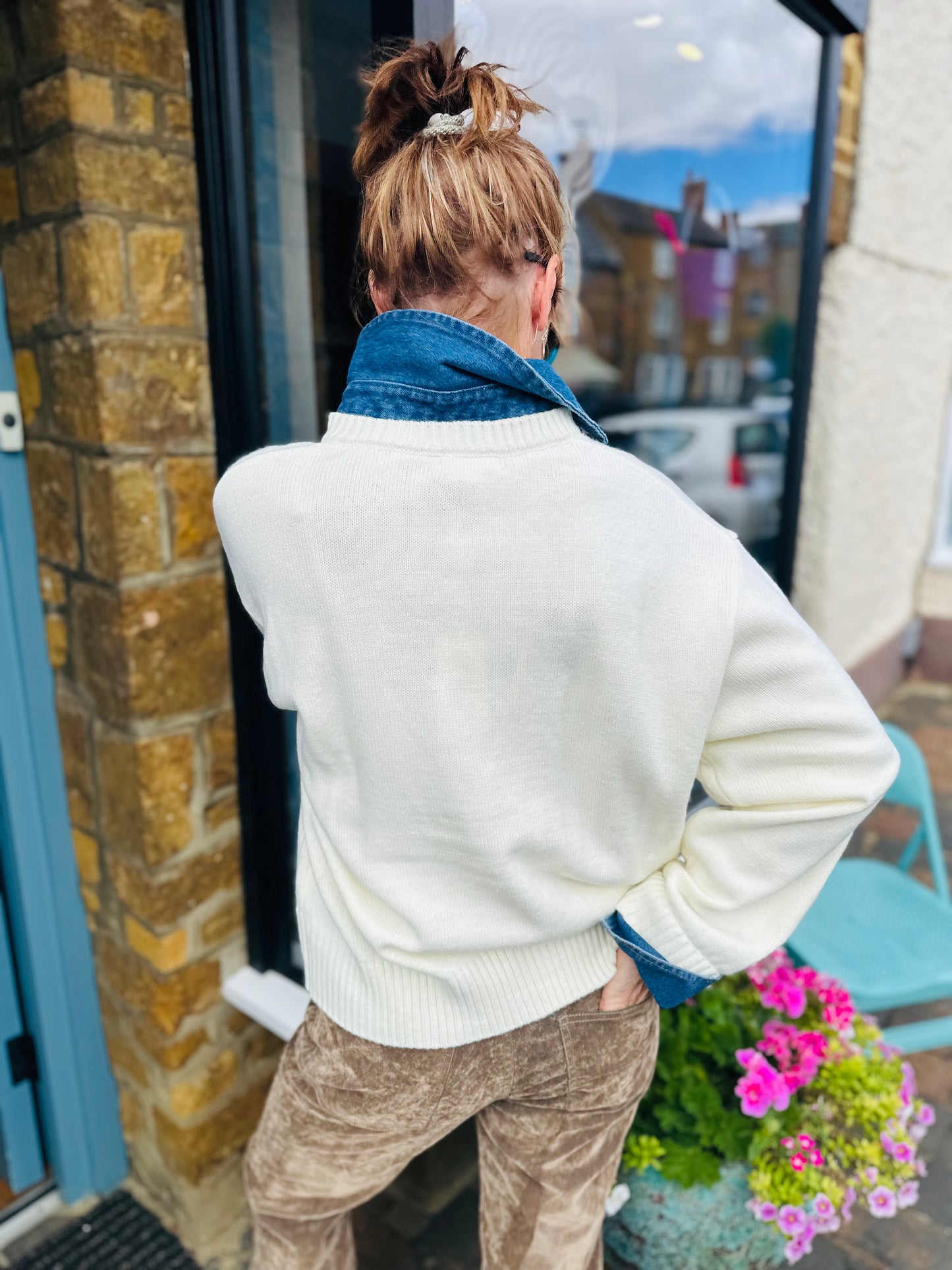 Elan Jumpers Cream Jumper with Denim Collar and Cuffs