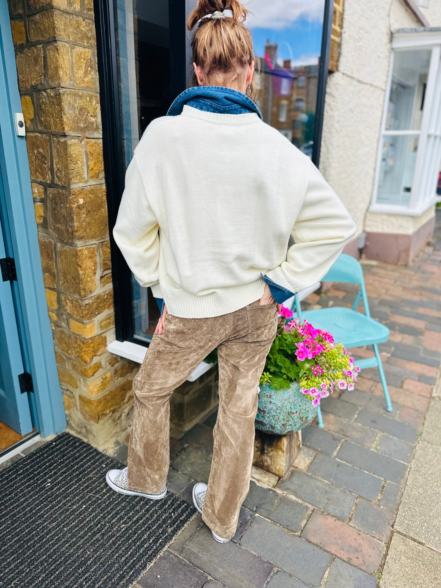 Elan Jumpers Cream Jumper with Denim Collar and Cuffs