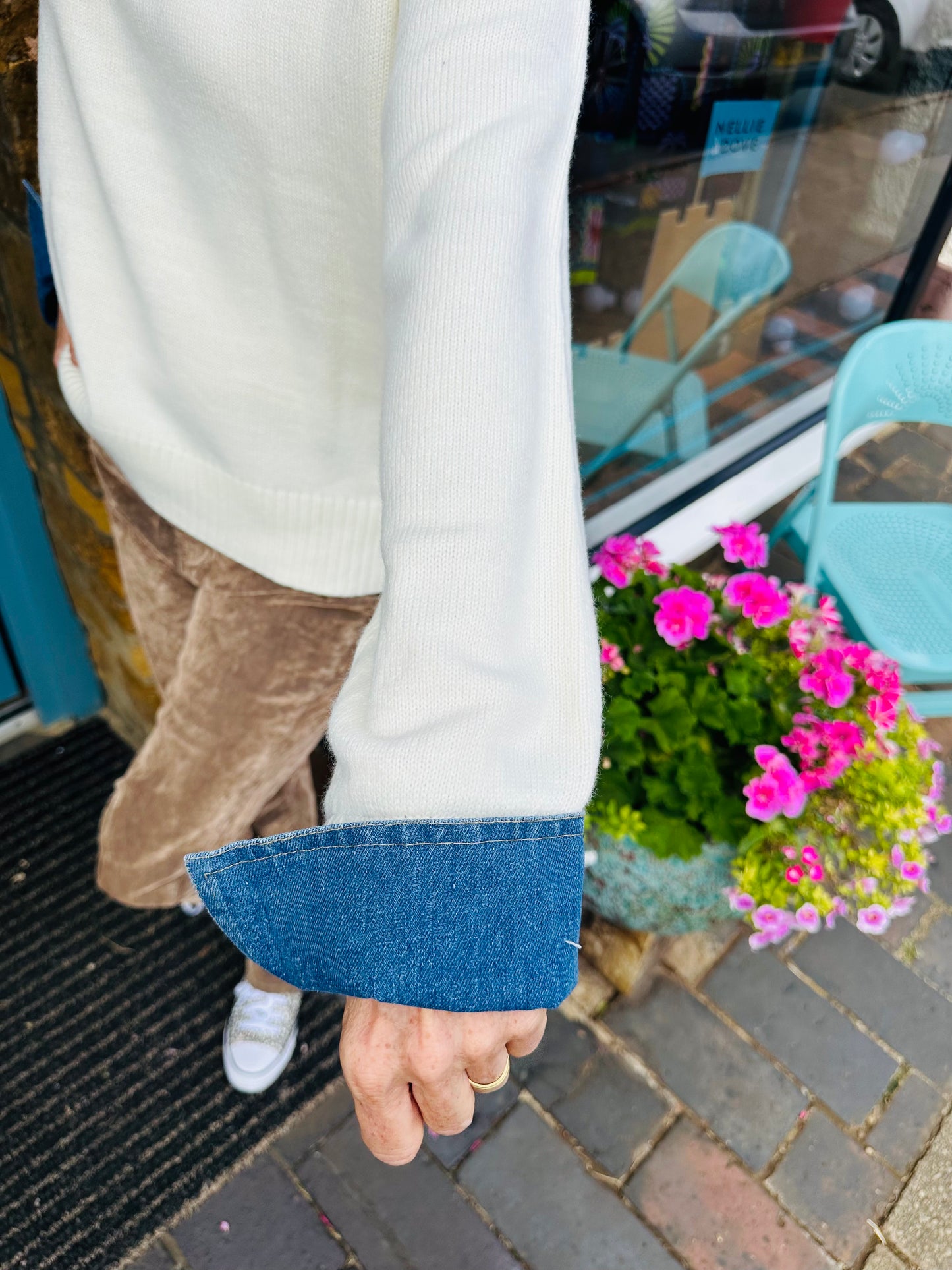 Elan Jumpers Cream Jumper with Denim Collar and Cuffs