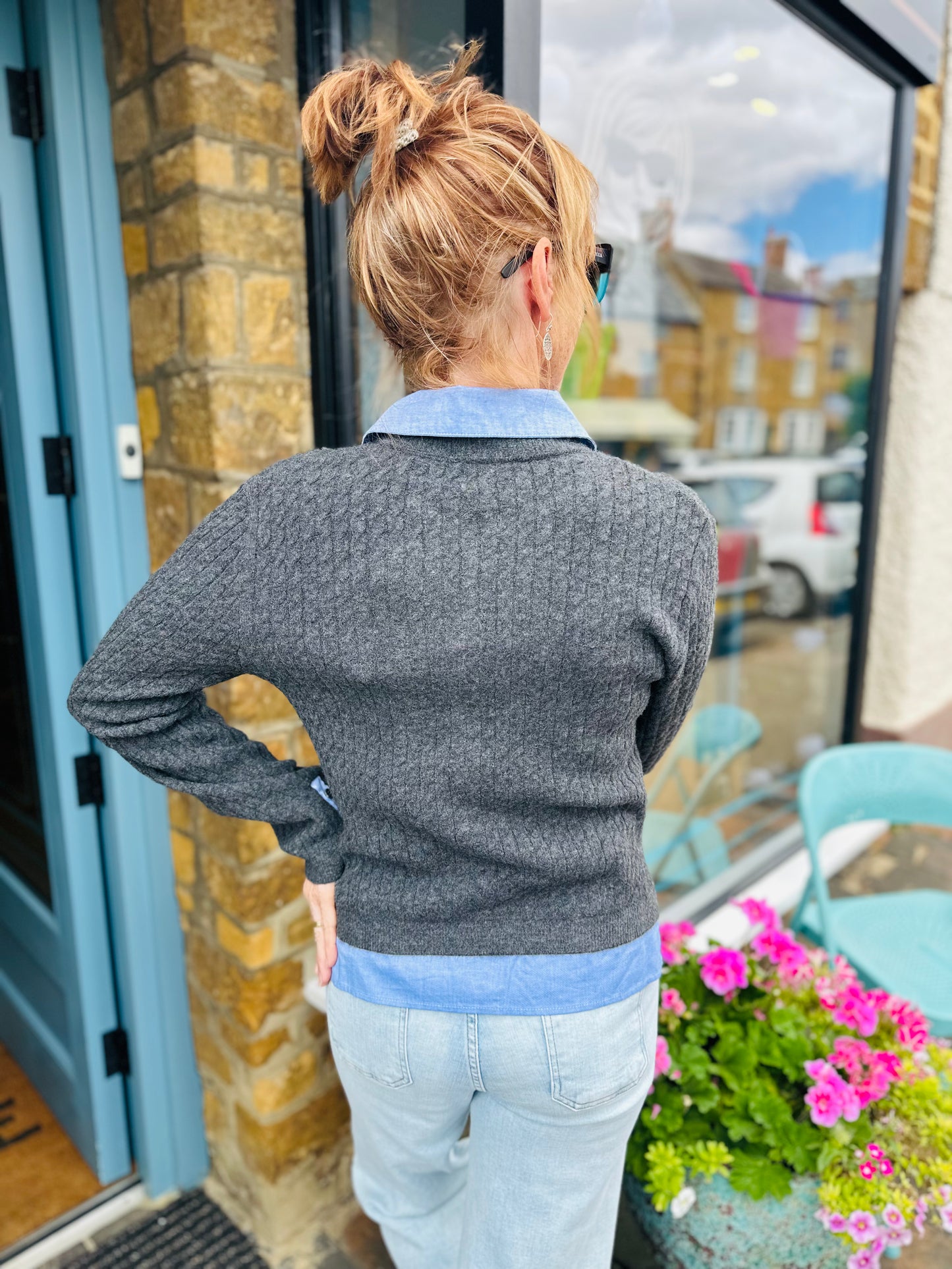 Elan Knitwear Cable Knit Cardi in Charcoal with Denim Collar and Cuffs