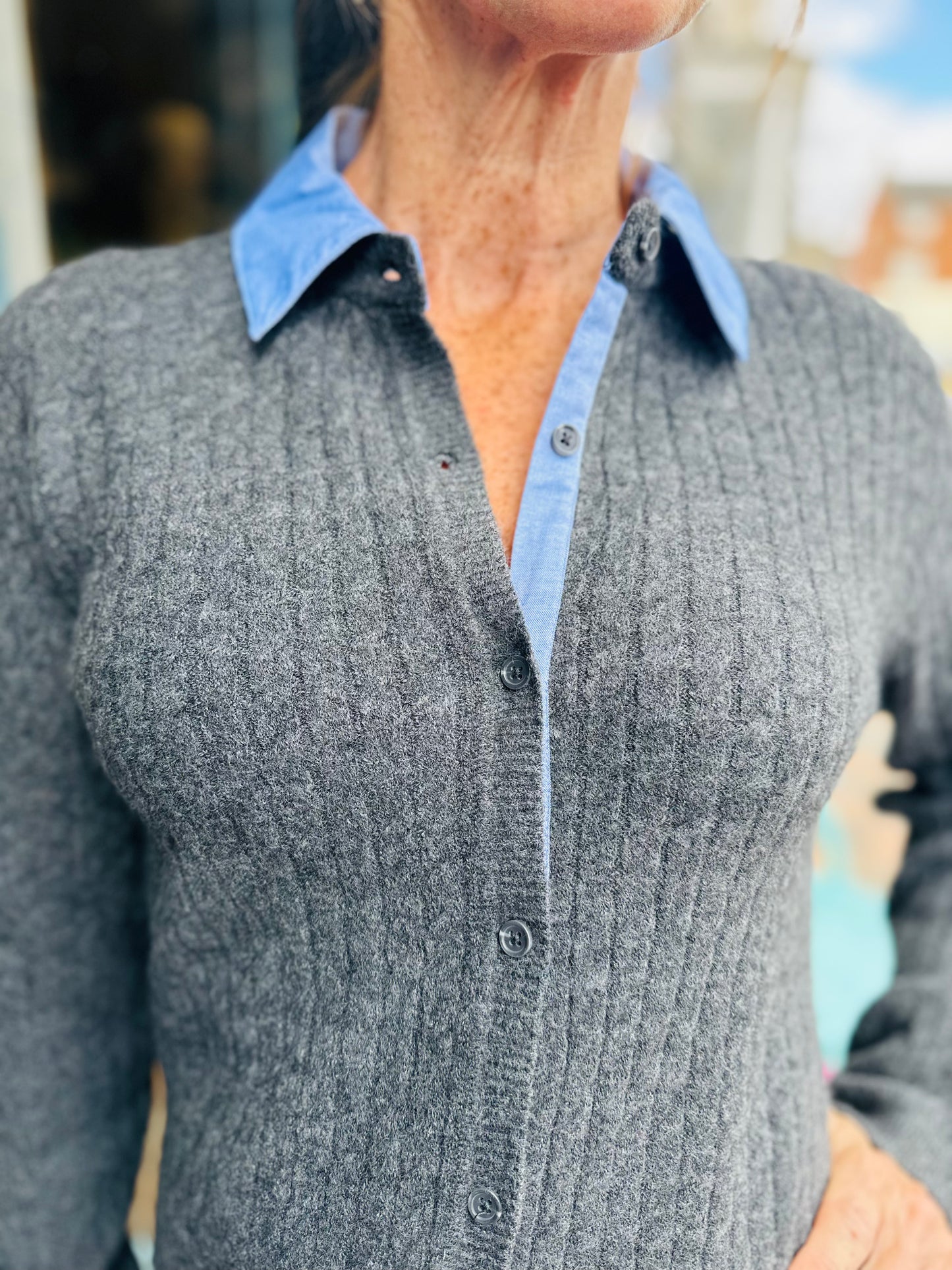 Elan Knitwear Cable Knit Cardi in Charcoal with Denim Collar and Cuffs