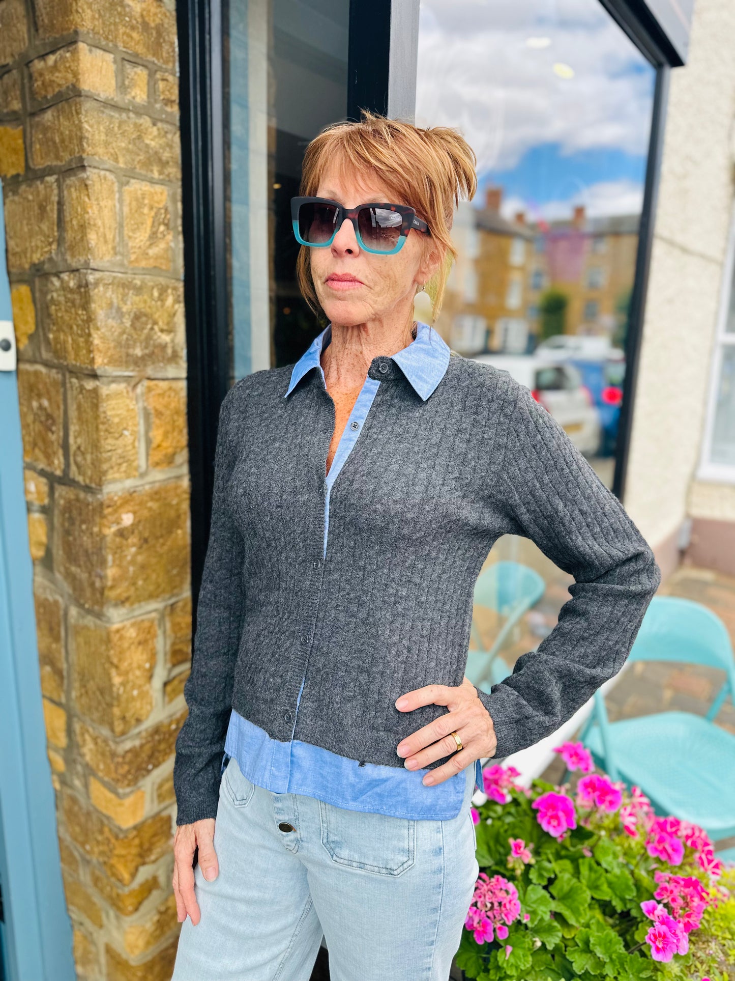 Elan Knitwear Cable Knit Cardi in Charcoal with Denim Collar and Cuffs