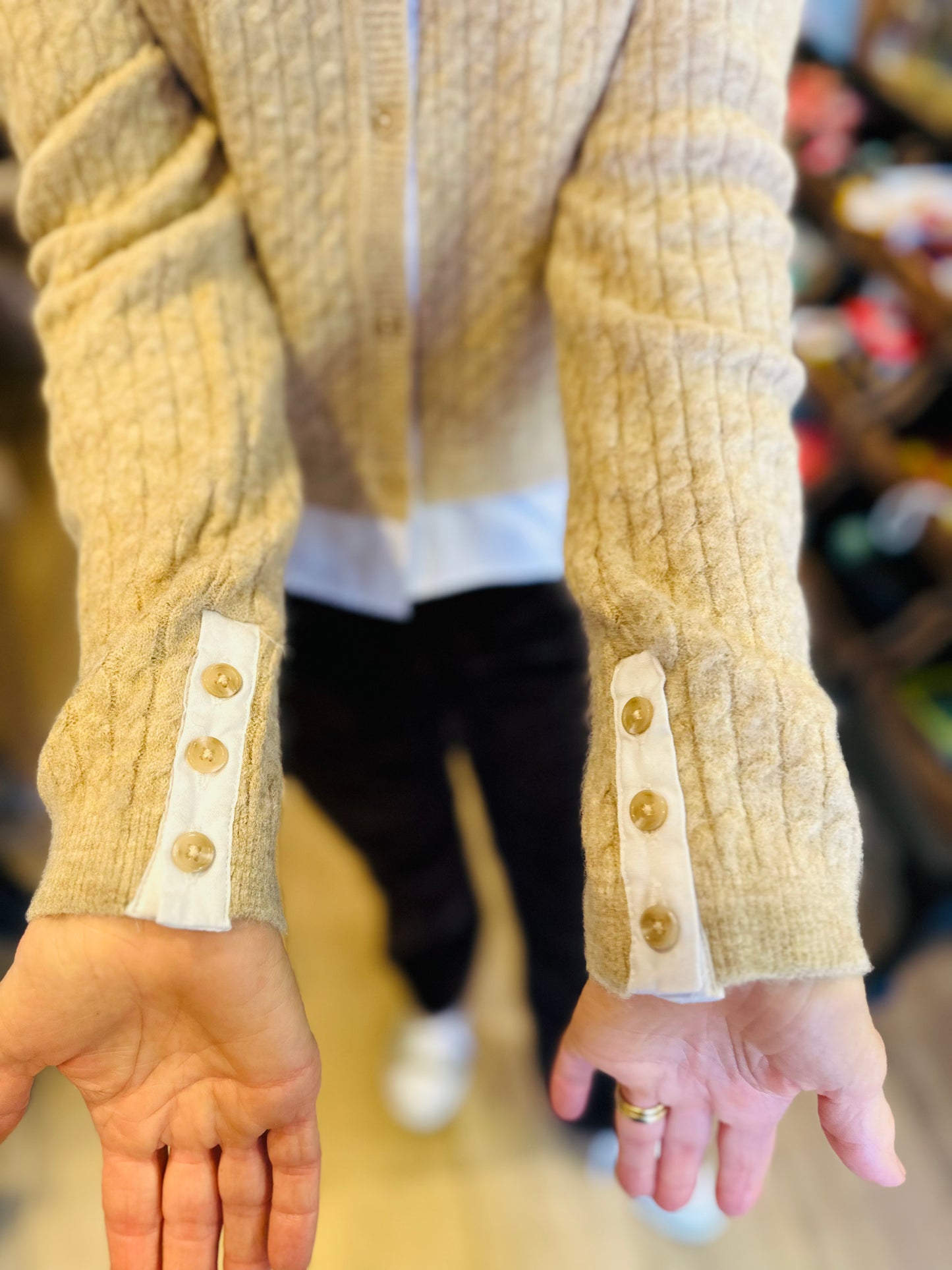 Elan Knitwear Tan and White Shirt Cardigan Combo