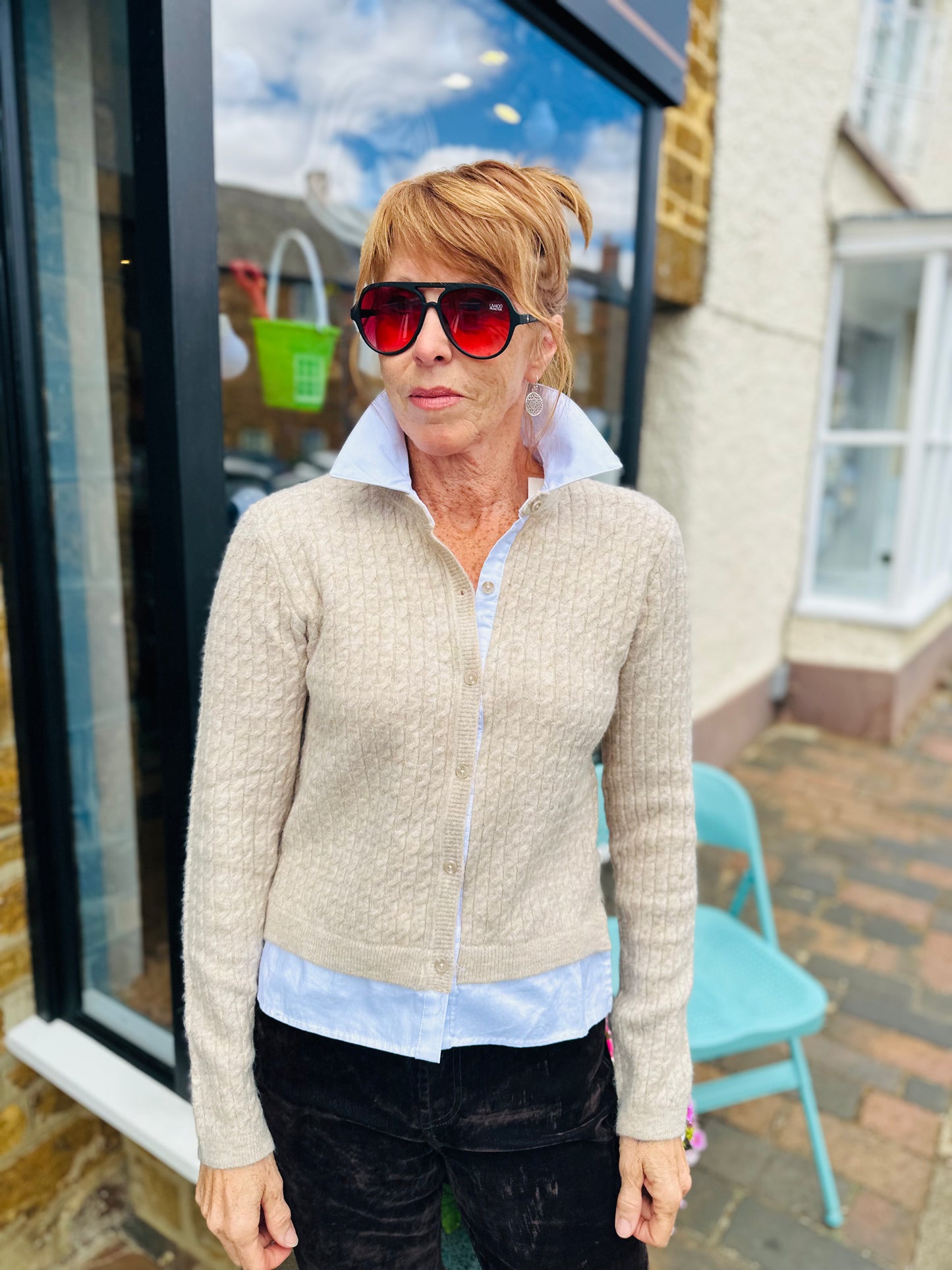 Elan Knitwear Tan and White Shirt Cardigan Combo