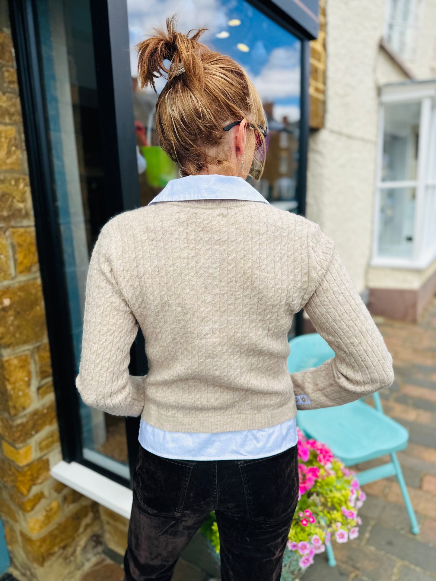 Elan Knitwear Tan and White Shirt Cardigan Combo
