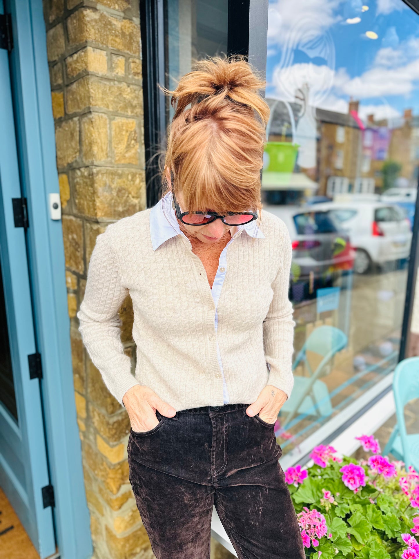 Elan Knitwear Tan and White Shirt Cardigan Combo