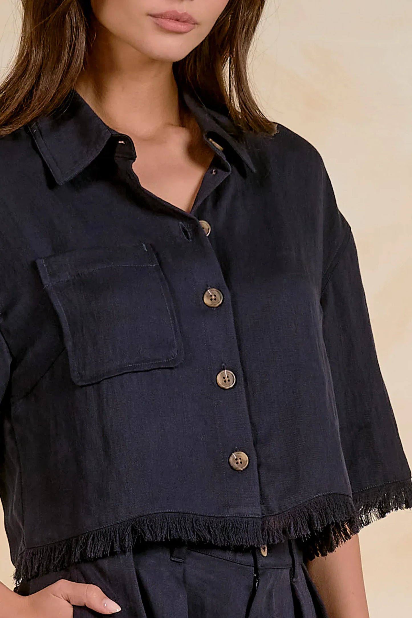 Elan Tops Lara Navy Fringed Cropped Top