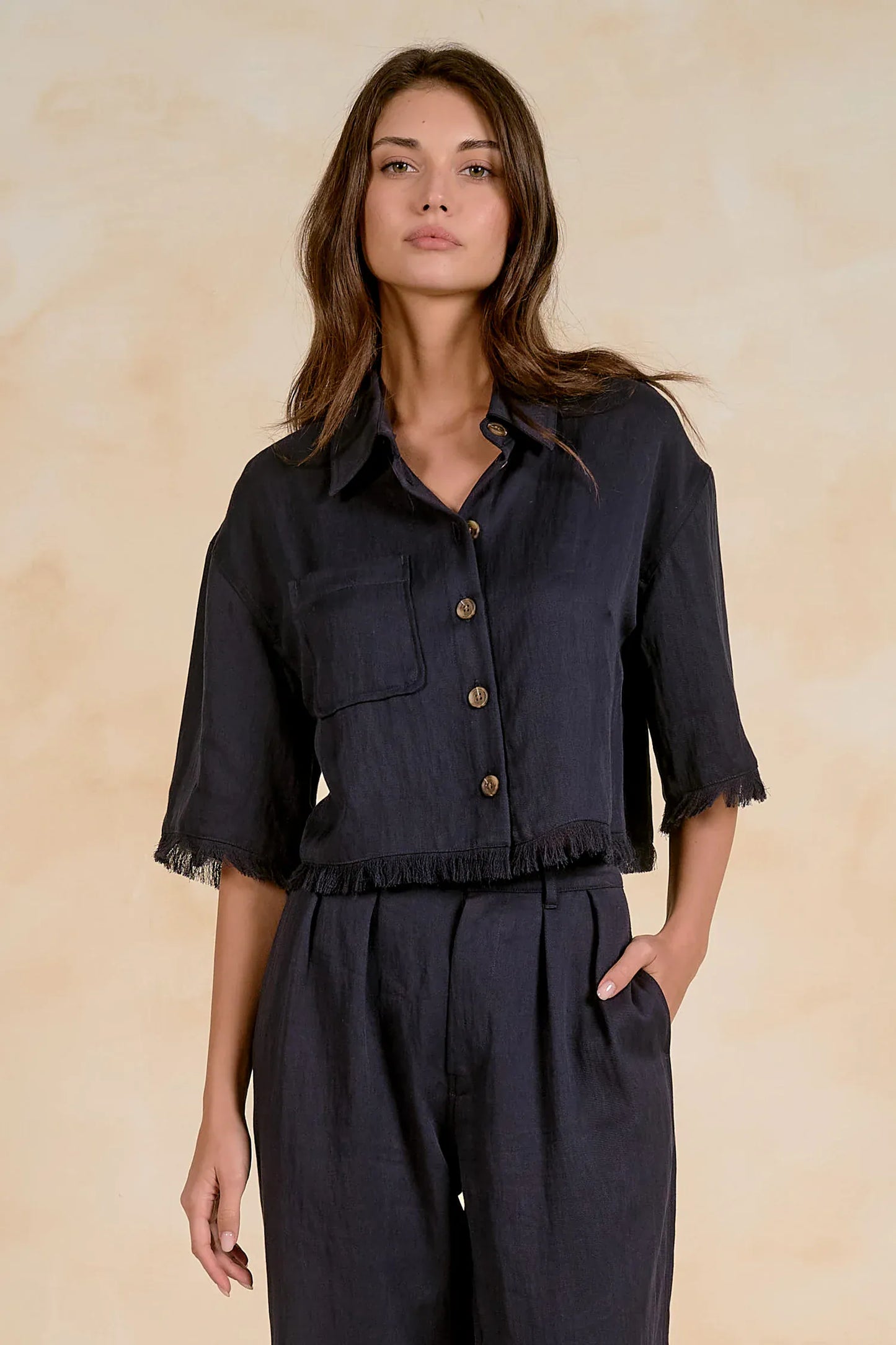 Elan Tops Lara Navy Fringed Cropped Top