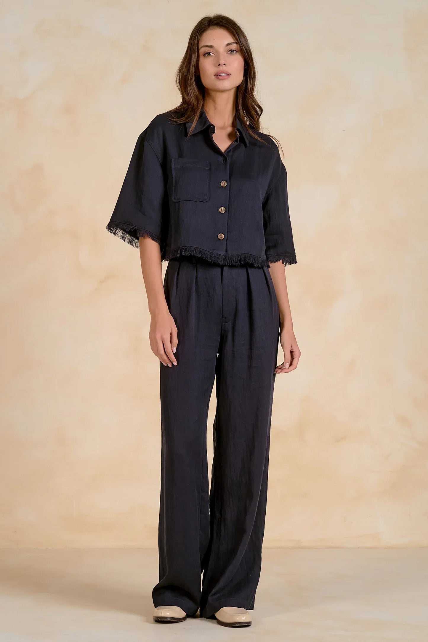 Elan Tops Lara Navy Fringed Cropped Top