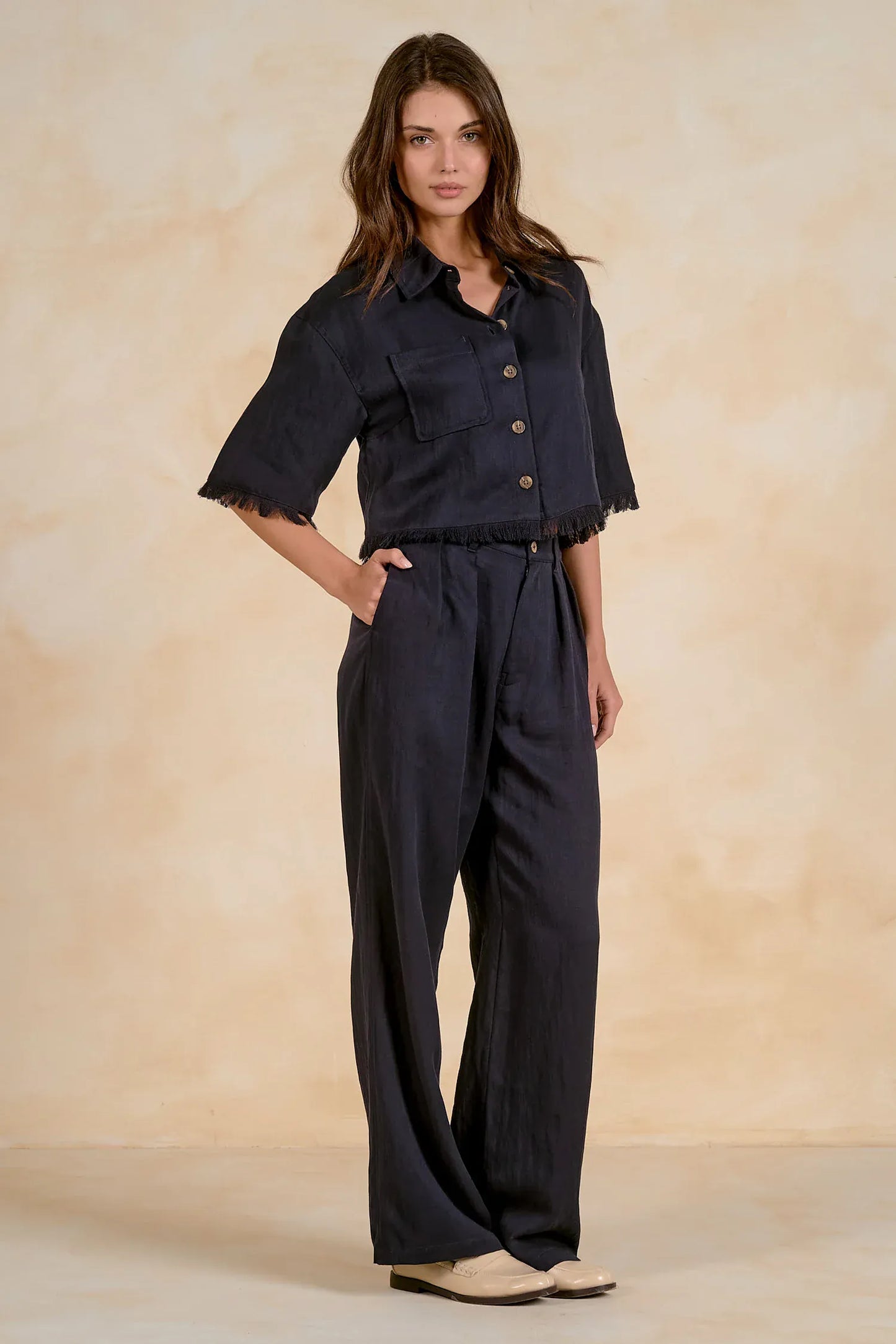 Elan Tops Lara Navy Fringed Cropped Top