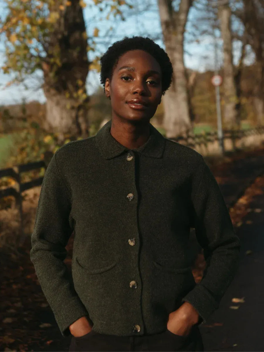 ERIBE Knitwear Knitwear Brora Lambswool Womens Utility Jacket in Green Lichen