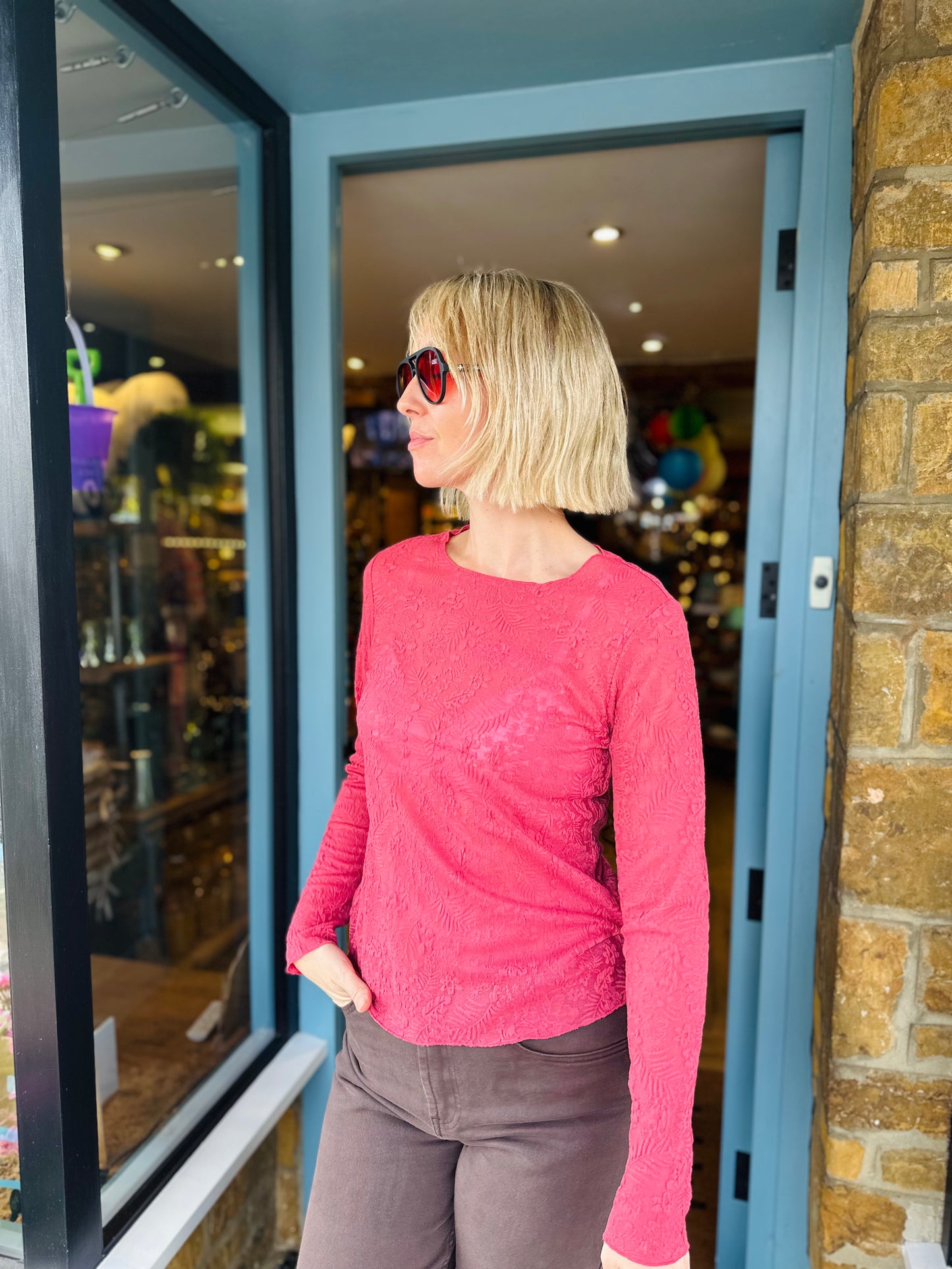 EsQualo Tops Raspberry Mesh Layer Top