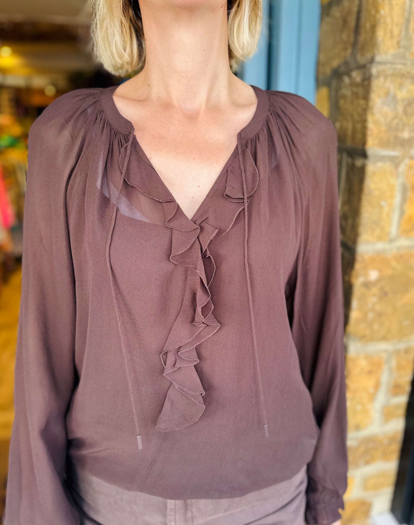 EsQualo Tops Ruffle Tie Top in Chocolate