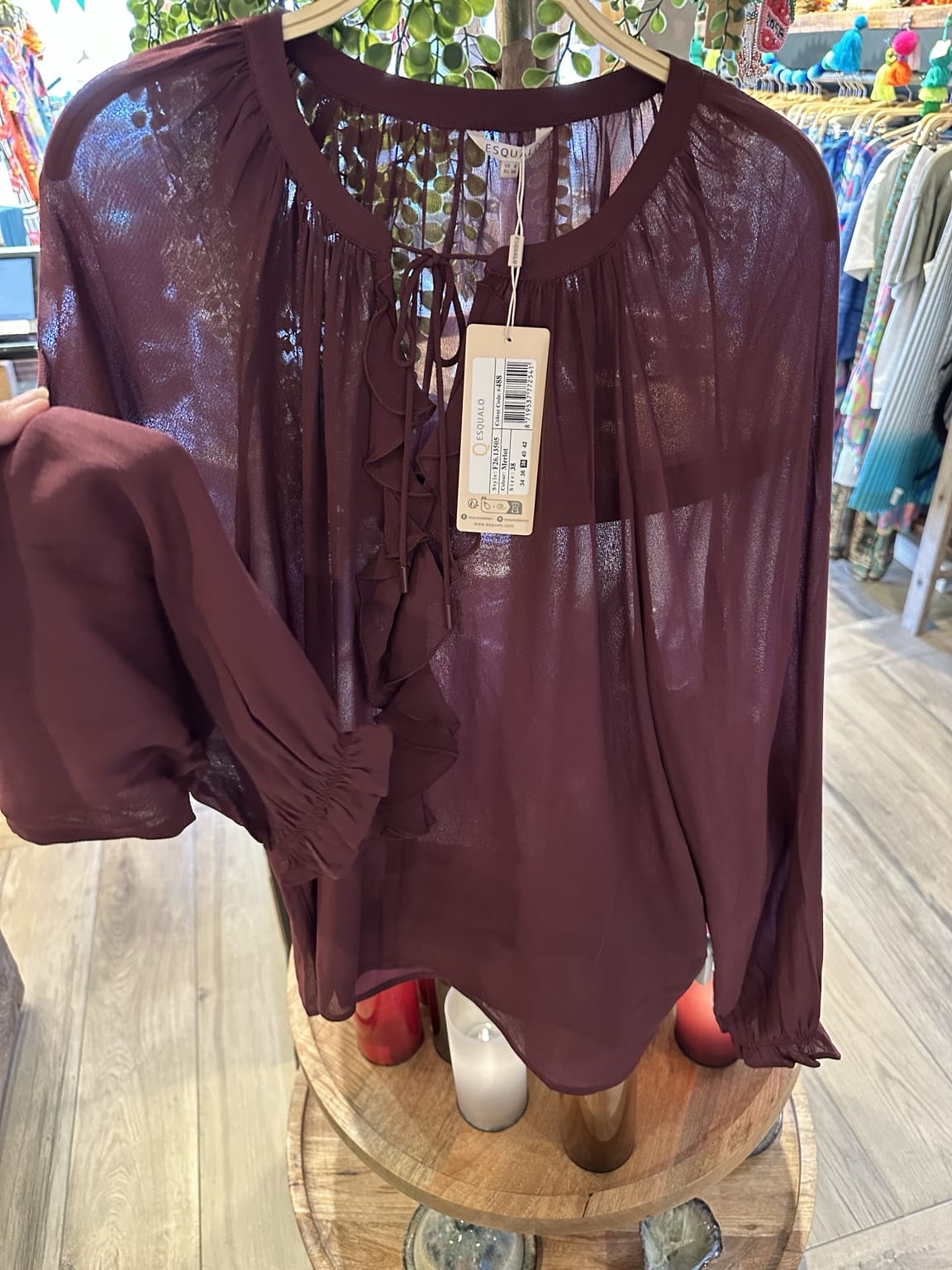 EsQualo Tops Ruffle Tie Top in Merlot