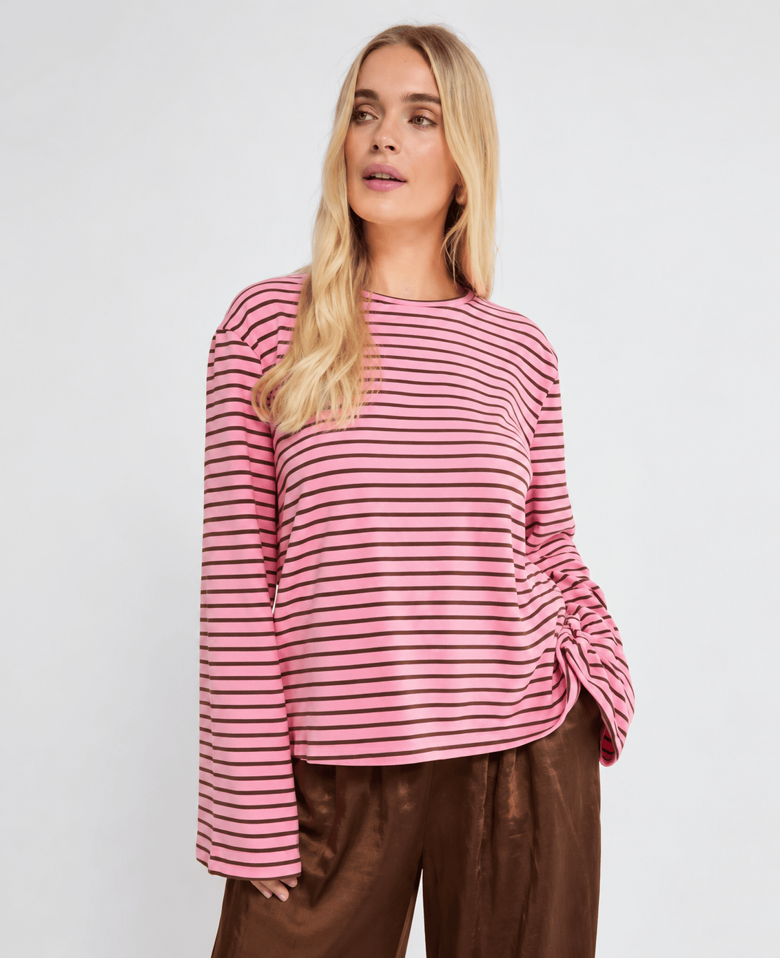 Fika Edit Tops Pale Pink and Brown Stripe Supersoft Top