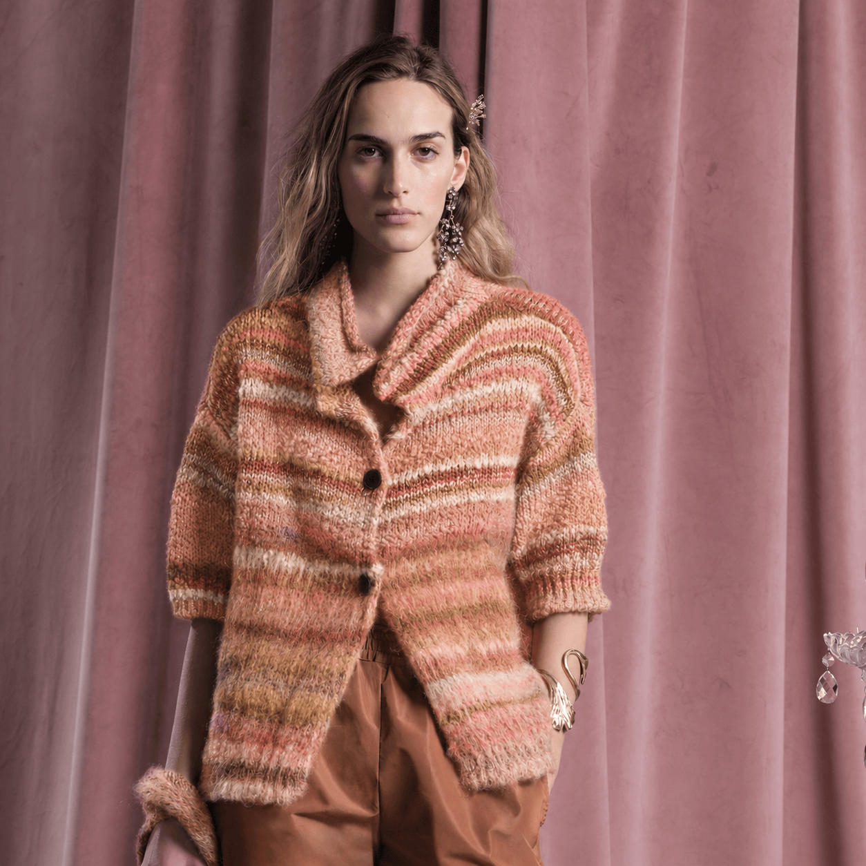 Floor Knitwear Clementine Striped Cardigan in Peach Melange