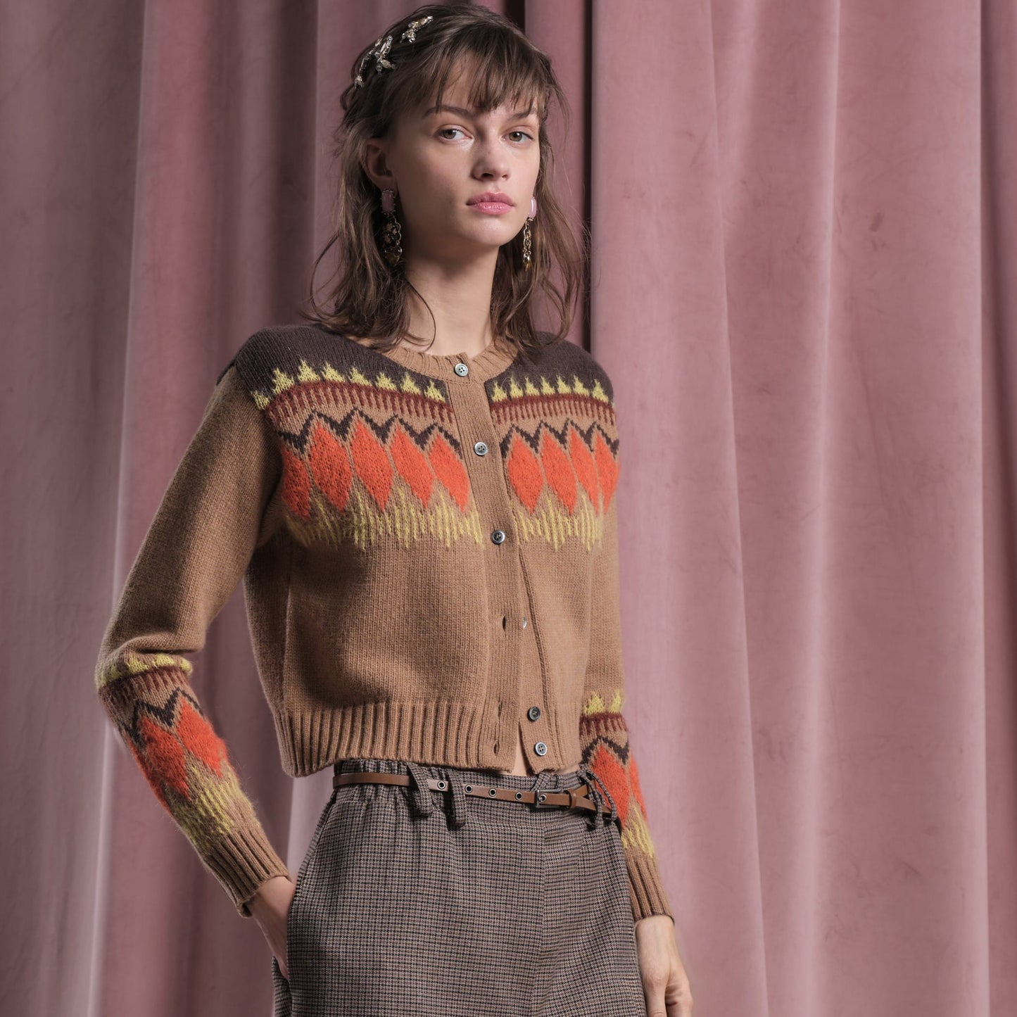 Floor Knitwear Mabel Fair Isle Cardigan in Toffee
