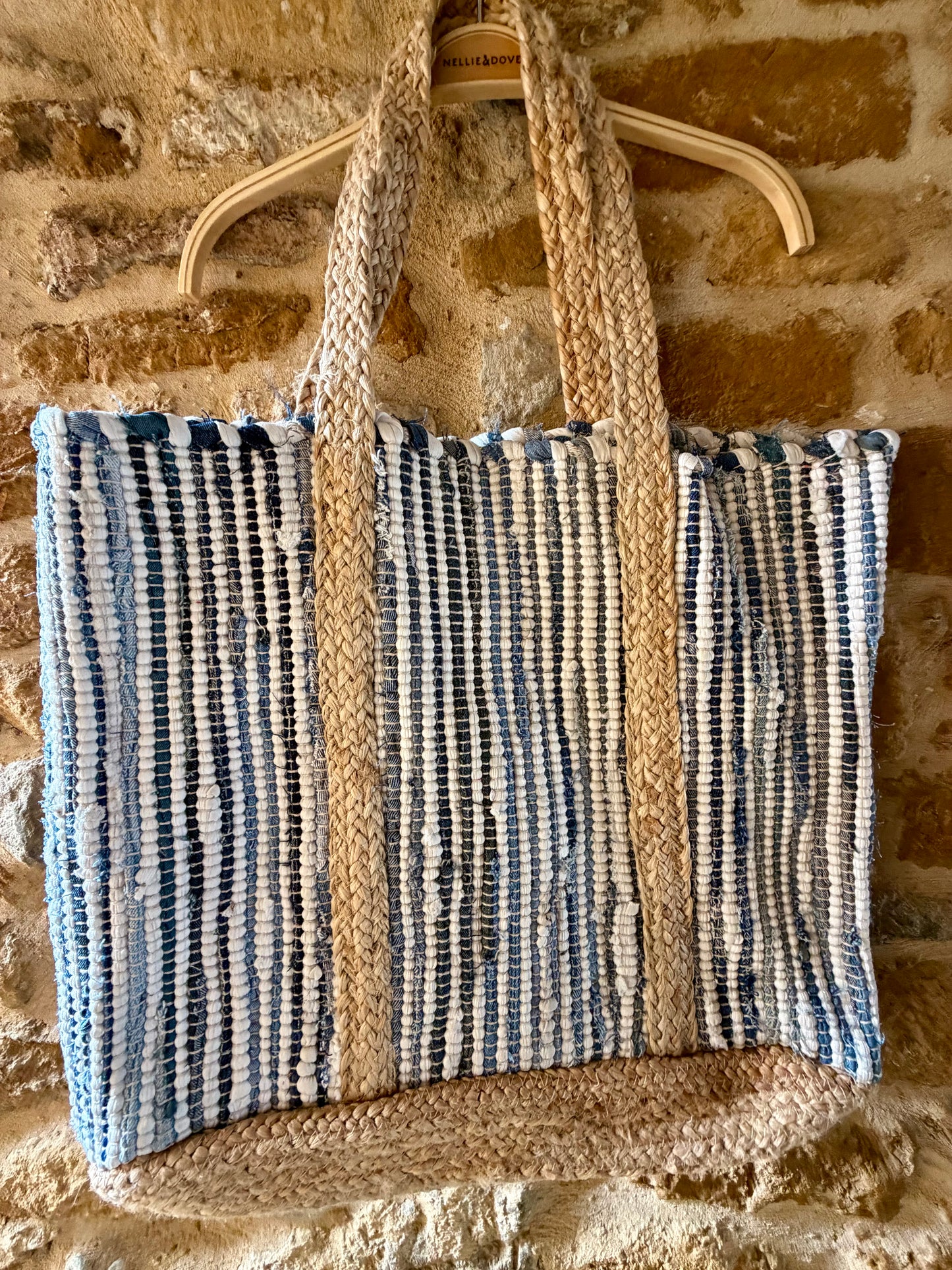 Handprint Dream Apparel Accessories Jute Bag in Blue Stripe