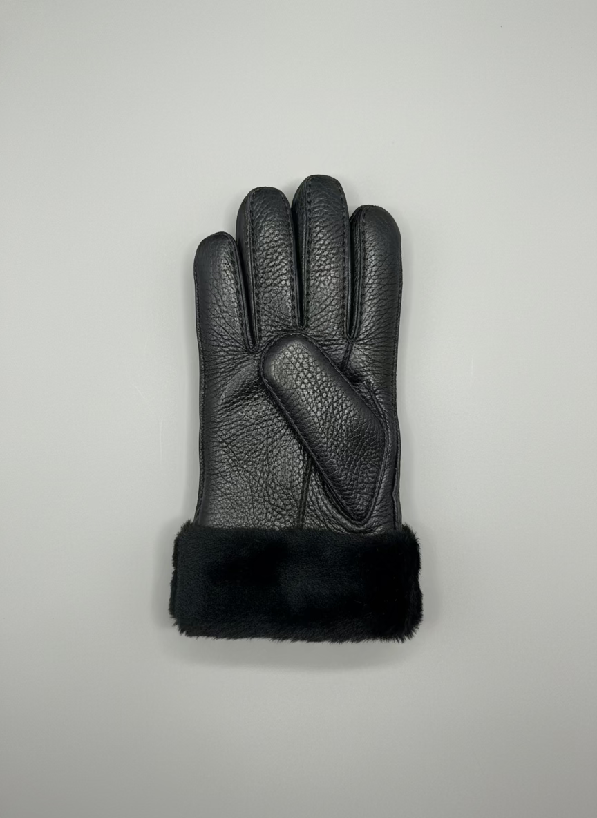 Hanlin Hats & Gloves Black w/Black Cuff Curly Cuff Sheepskin Gloves - Medium