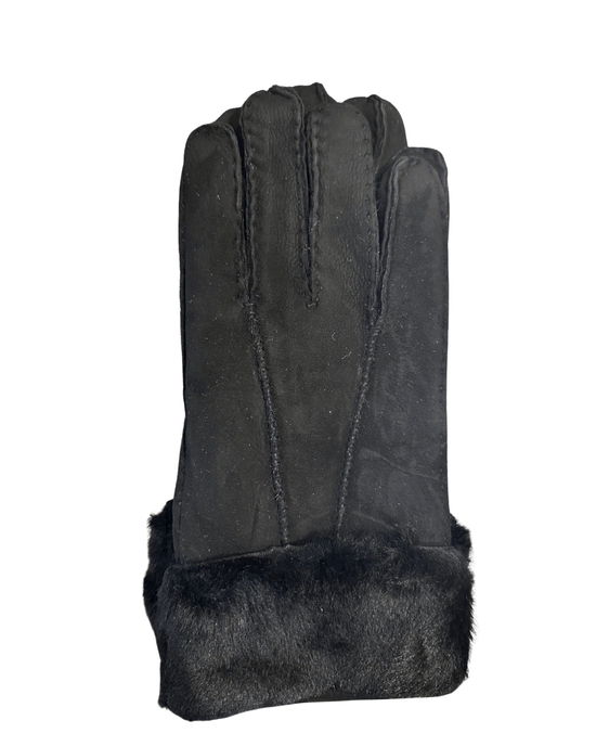 Hanlin Hats & Gloves Black w/Black Cuff Curly Cuff SUEDE Sheepskin Gloves - Medium