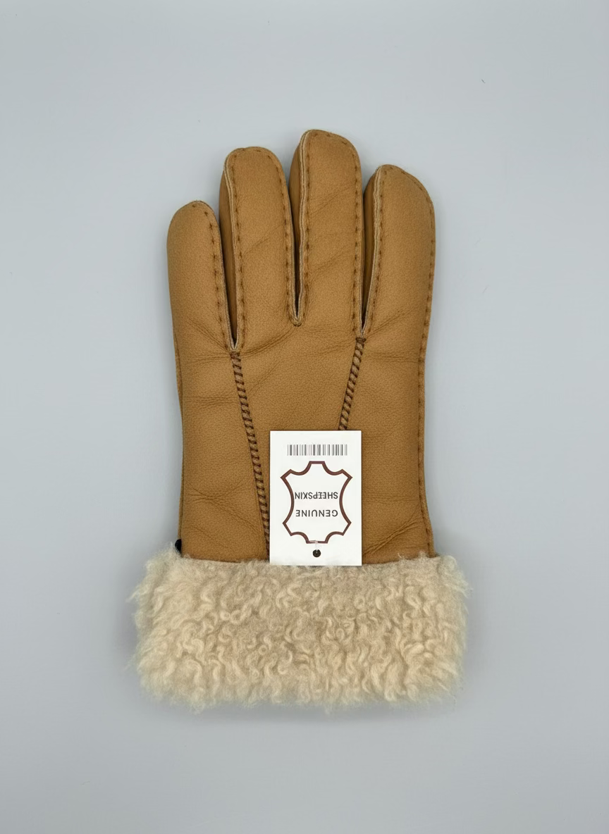 Hanlin Hats & Gloves Camel W/Cream Cuff Curly Cuff Sheepskin Gloves - Medium