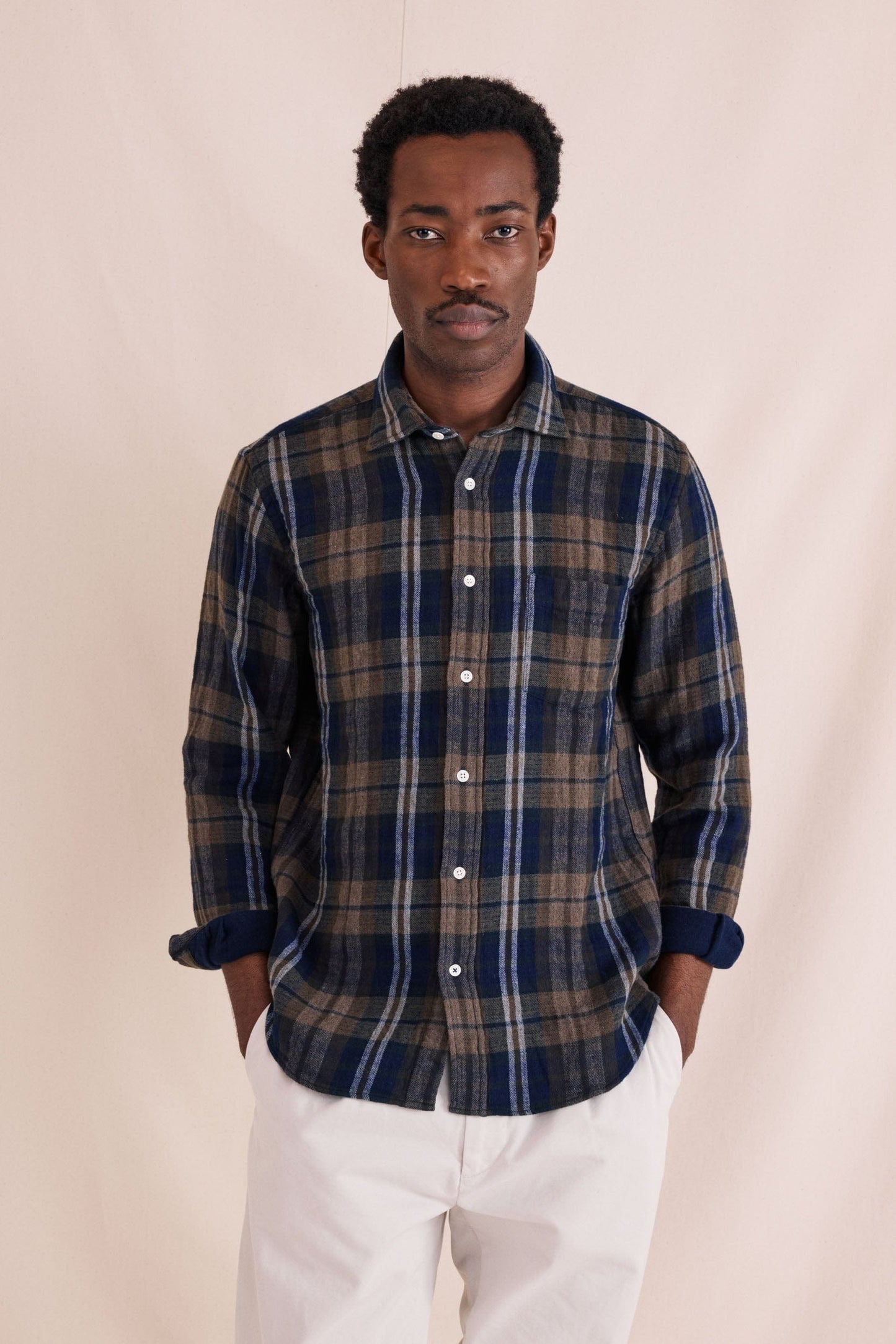 Hartford - Mens Mens Shirts Paul Military Green & Blue Double Face Flannel Shirt