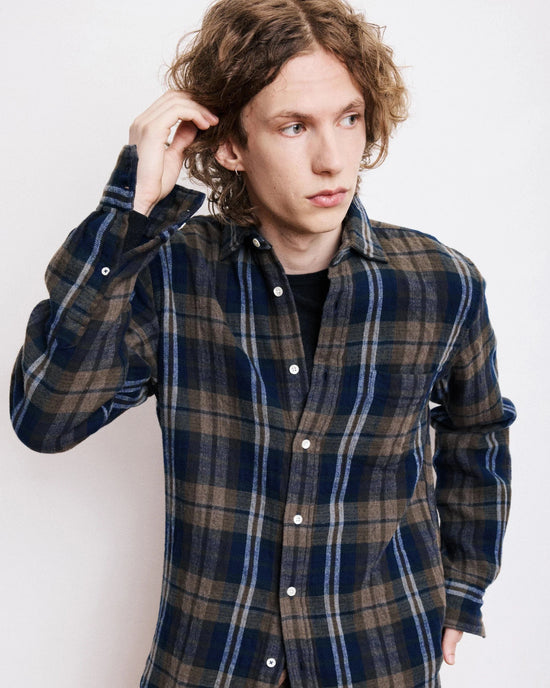 Hartford - Mens Mens Shirts Paul Military Green & Blue Double Face Flannel Shirt