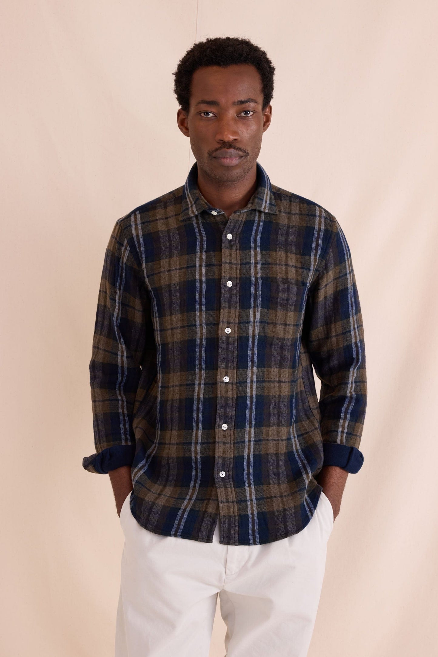 Hartford - Mens Mens Shirts Paul Military Green & Blue Double Face Flannel Shirt