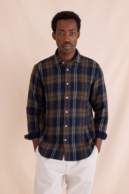 Hartford - Mens Mens Shirts Paul Military Green & Blue Double Face Flannel Shirt