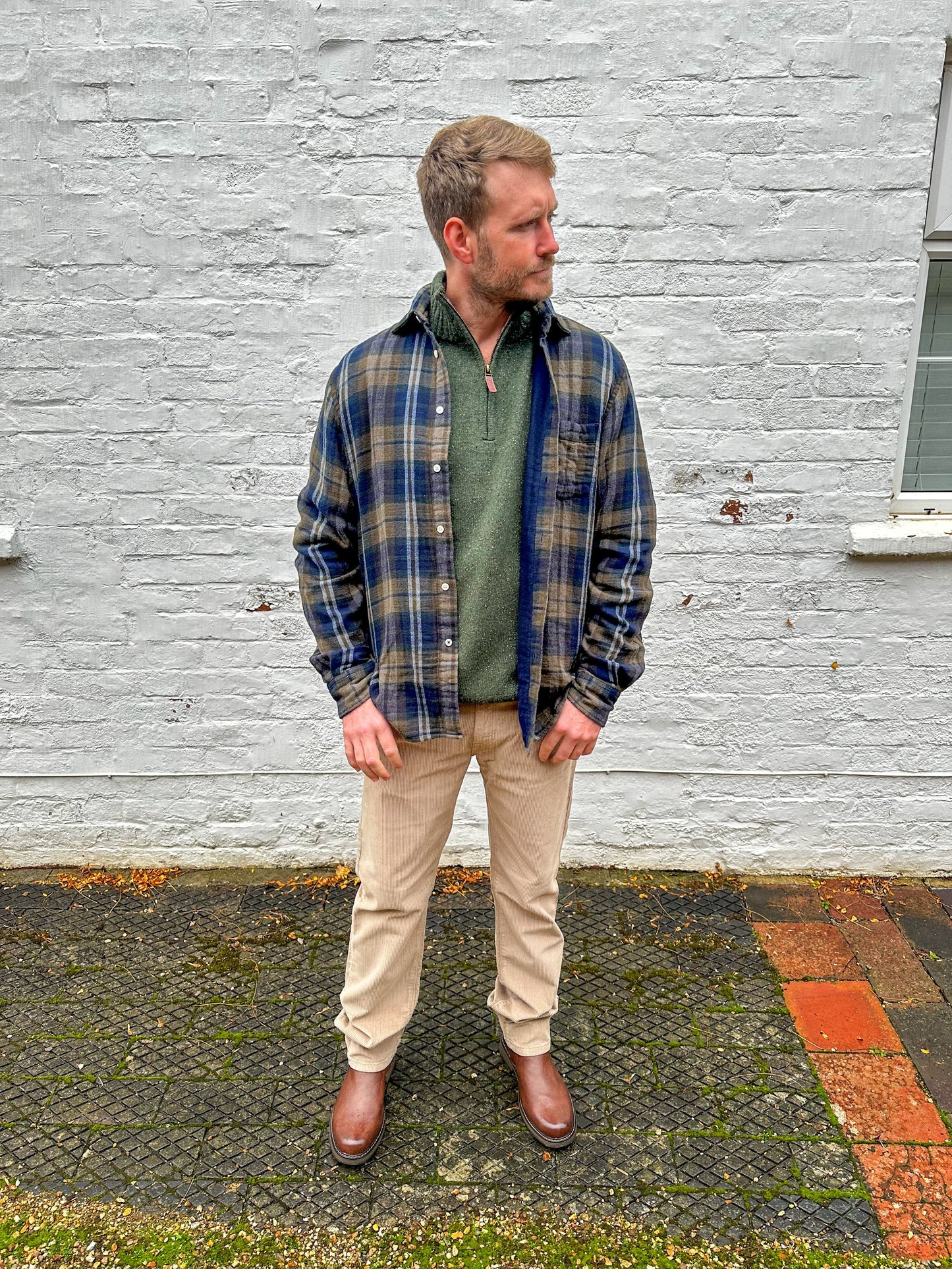 Hartford - Mens Mens Shirts Paul Military Green & Blue Double Face Flannel Shirt