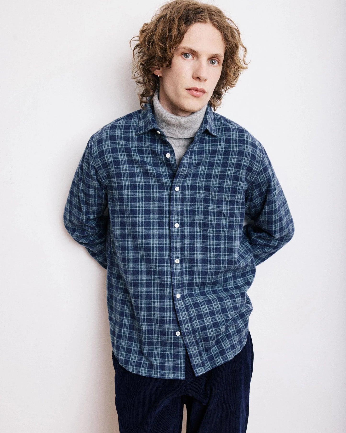 Hartford Mens Shirts Paul Shirt in Navy Blue & Green Brushed Check