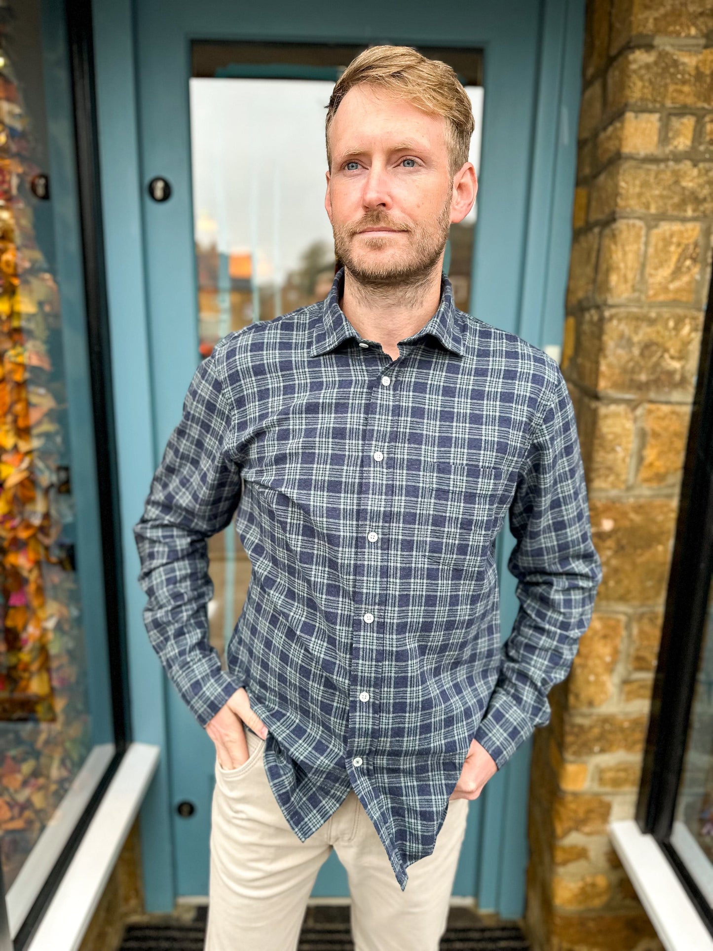 Hartford Mens Shirts Paul Shirt in Navy Blue & Green Brushed Check