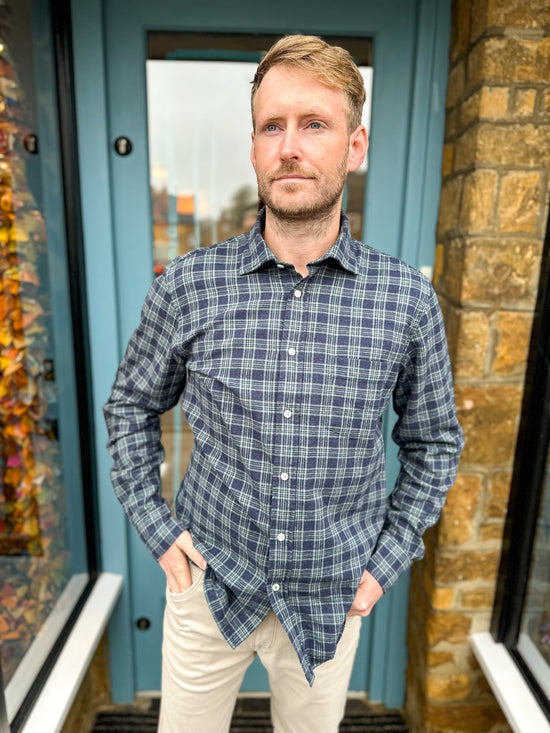 Hartford Mens Shirts Paul Shirt in Navy Blue & Green Brushed Check