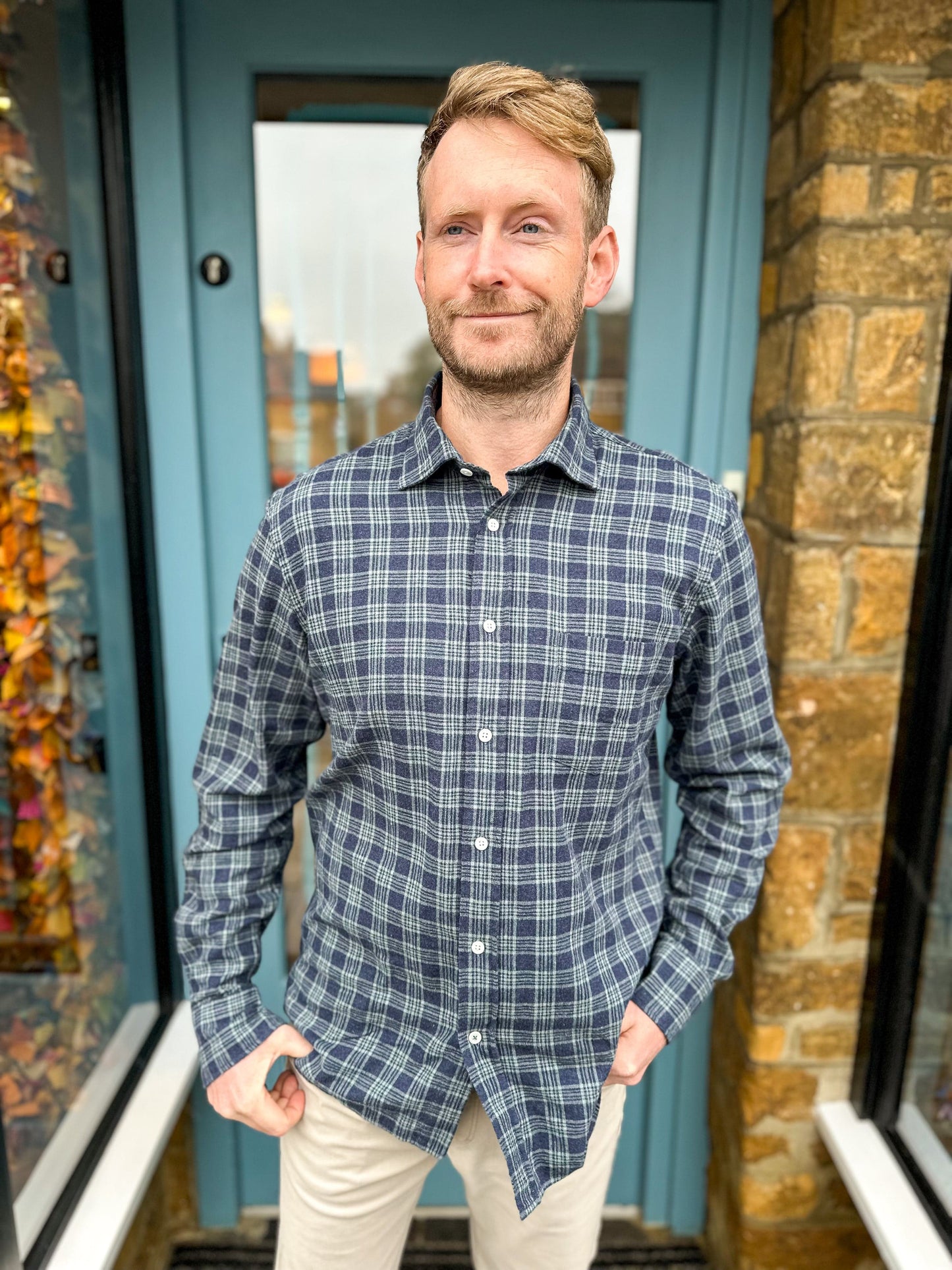 Hartford Mens Shirts Paul Shirt in Navy Blue & Green Brushed Check