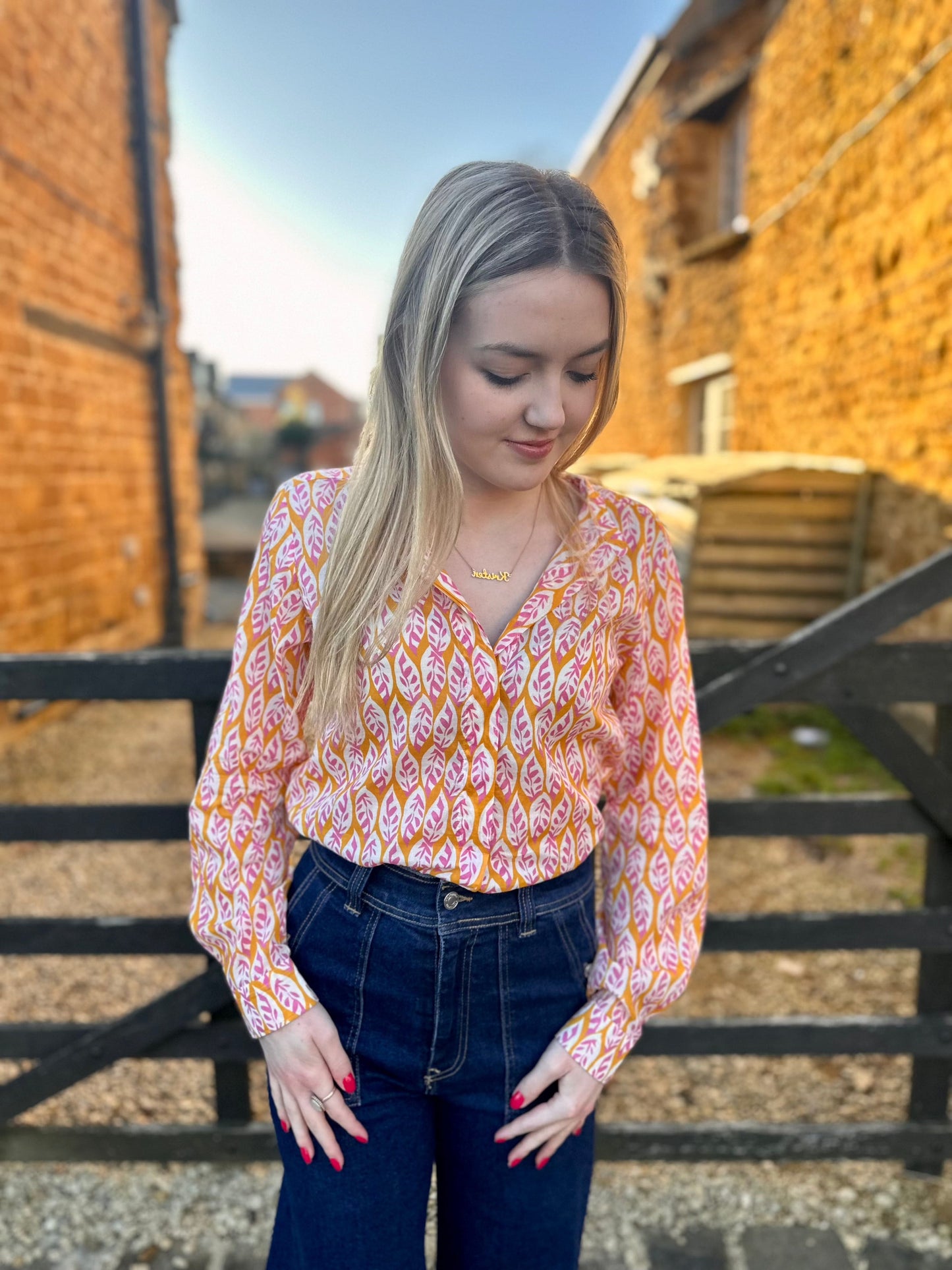 Hartford Tops Yellow & Pink Printed Leaf Shirt